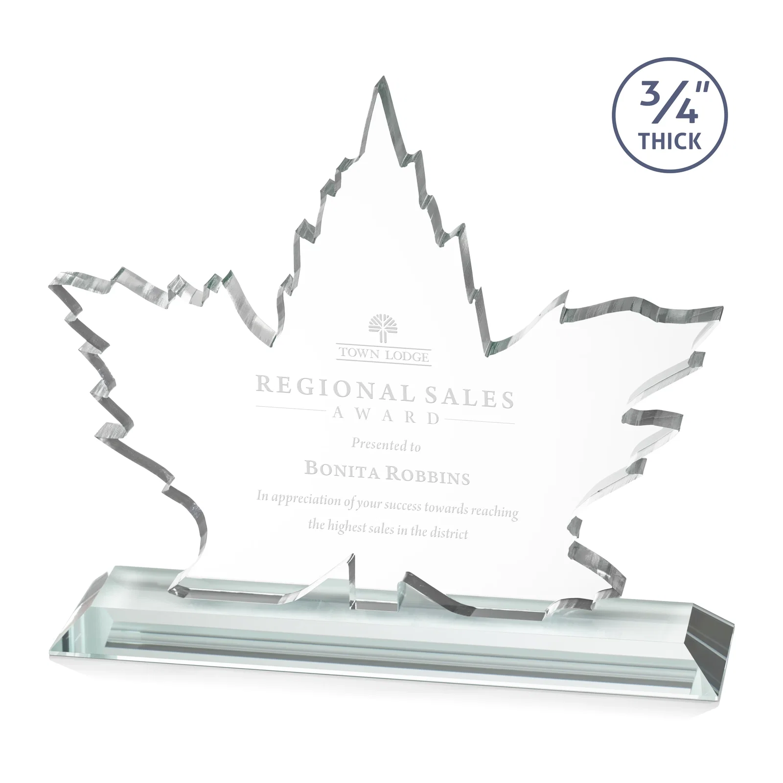 Custom Starfire Crystal Maple Leaf Award With Acid-Polished Edges for sales achievement awards