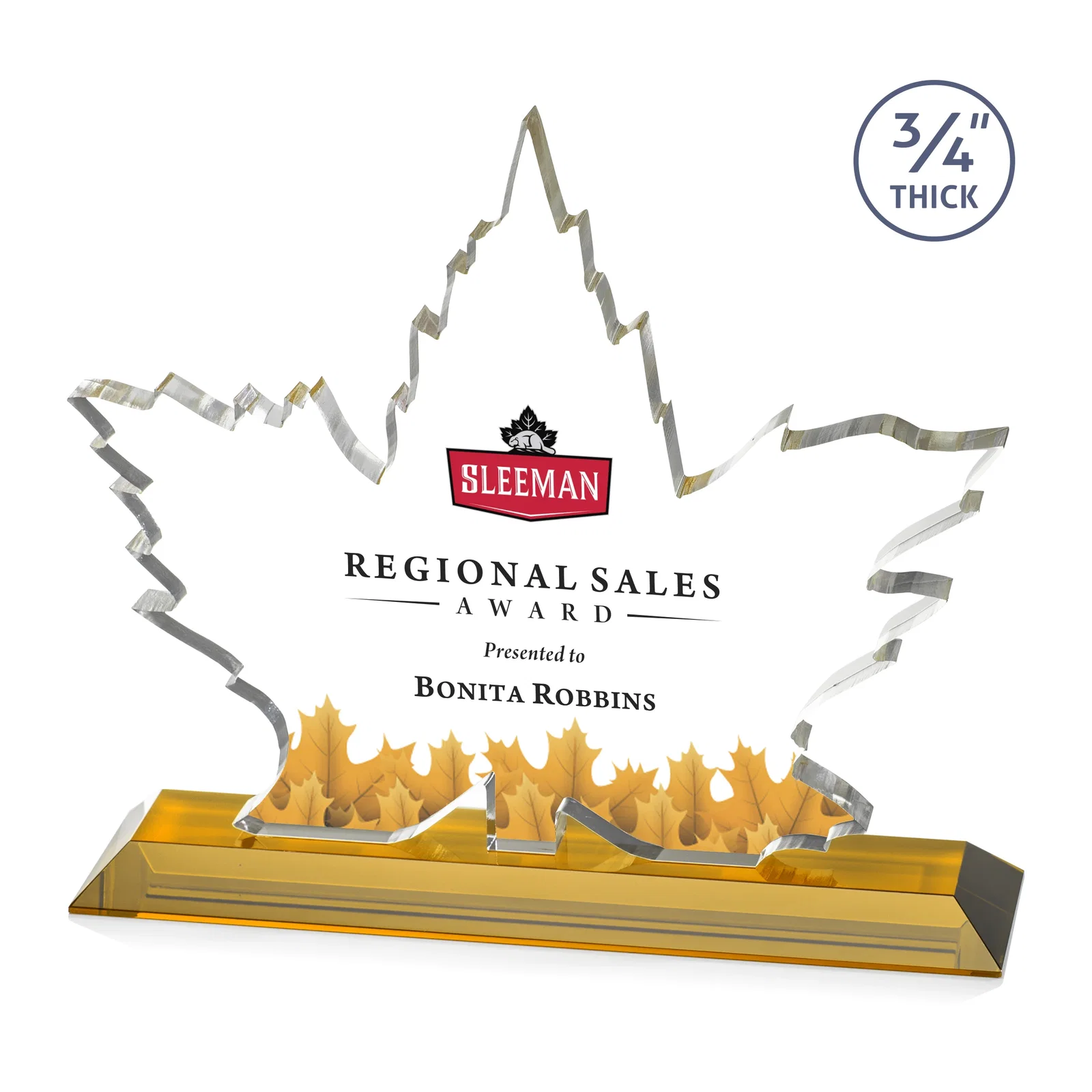 Branded Starfire Crystal Maple Leaf Award With Acid-Polished Edges for sales achievement awards