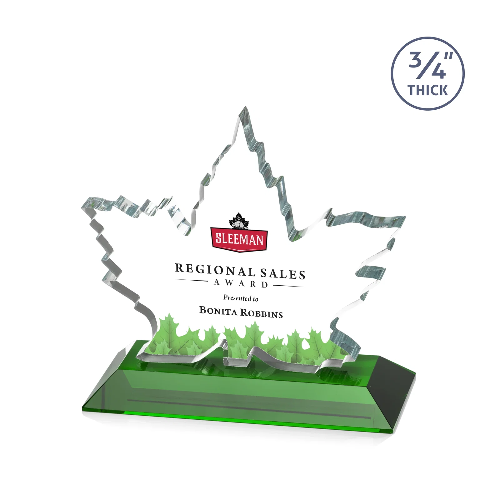 Branded Starfire Crystal Maple Leaf Award With Acid-Polished Edges for team milestone celebrations