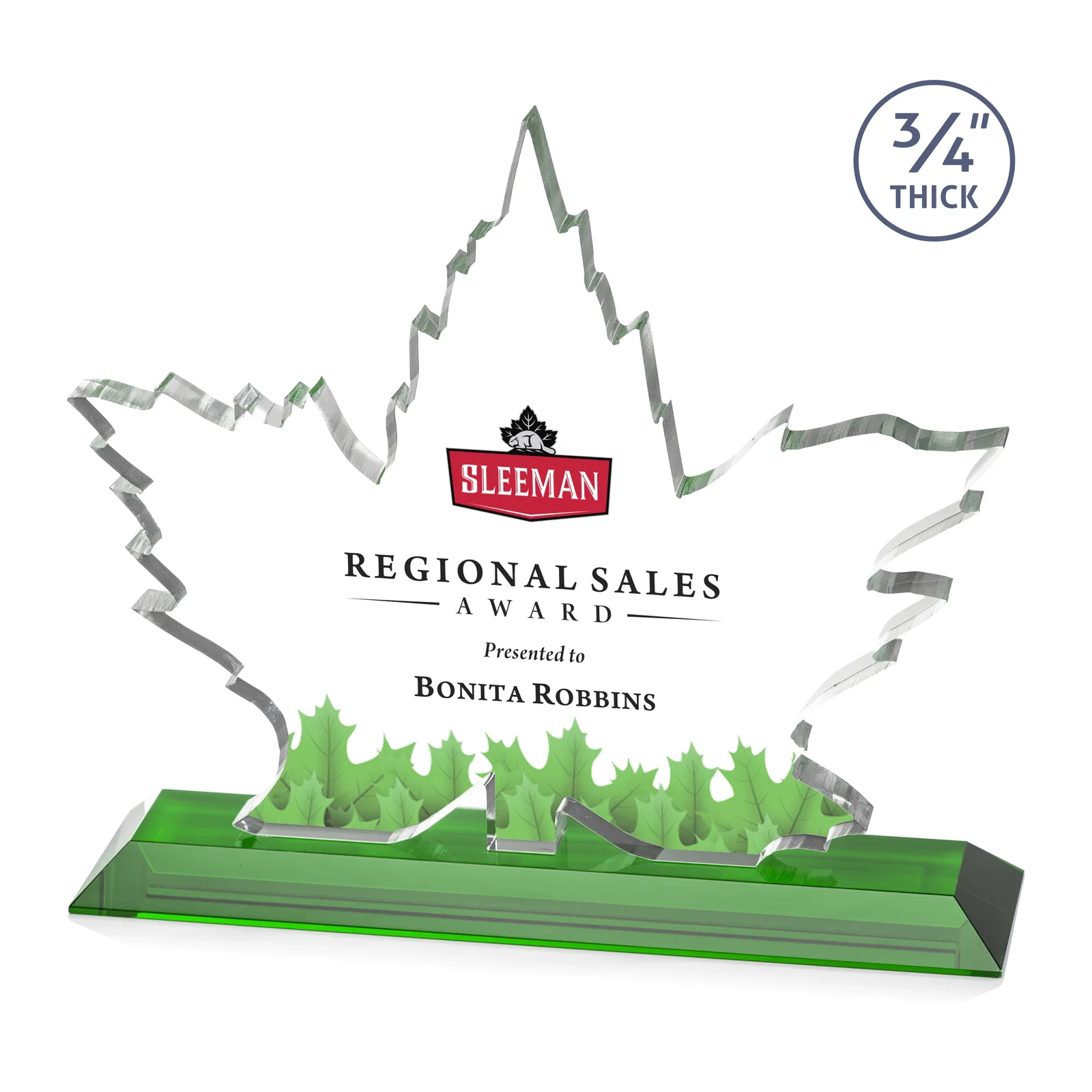 Branded Starfire Crystal Maple Leaf Award With Acid-Polished Edges for graduation ceremonies