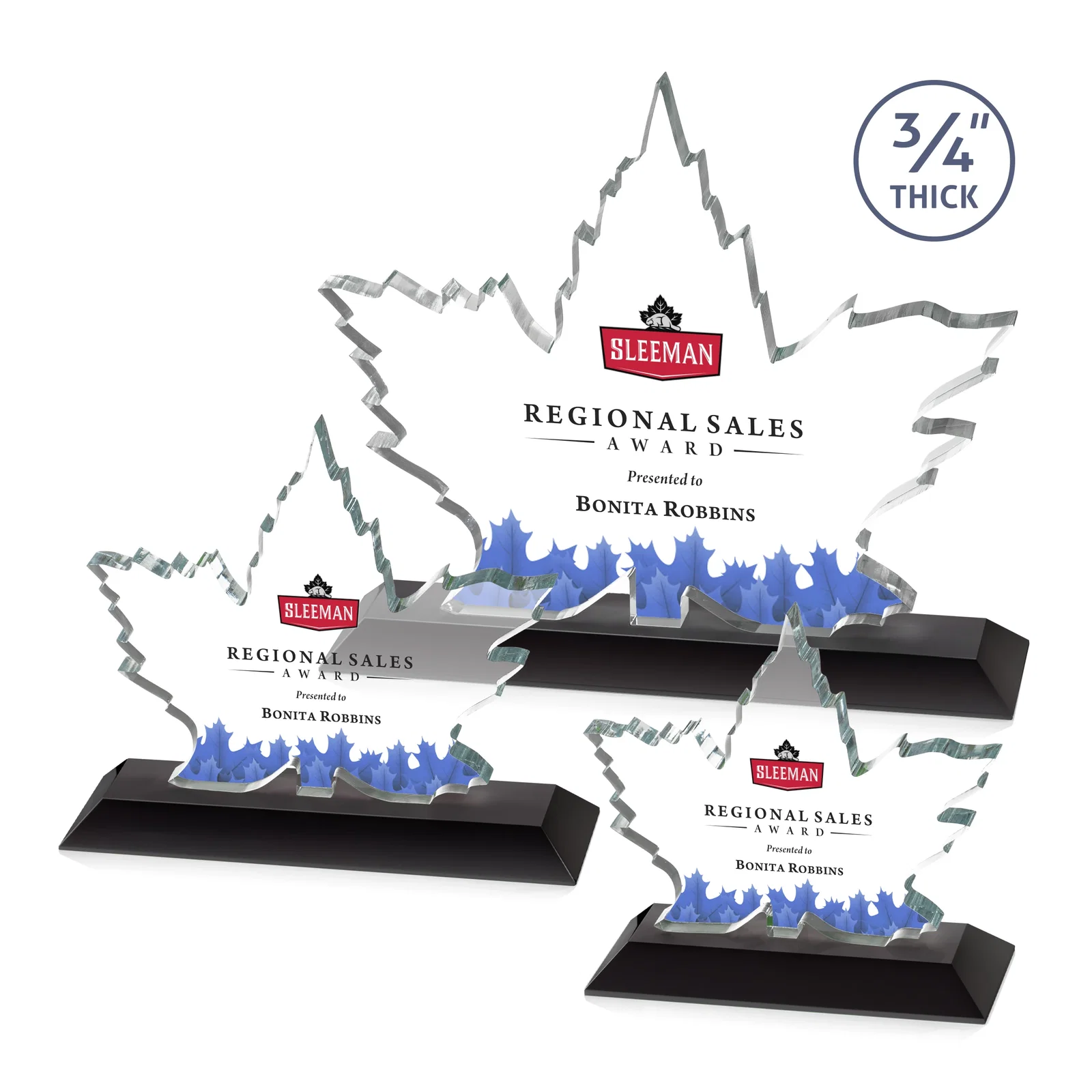 Branded Starfire Crystal Maple Leaf Award With Acid-Polished Edges for safety achievement programs