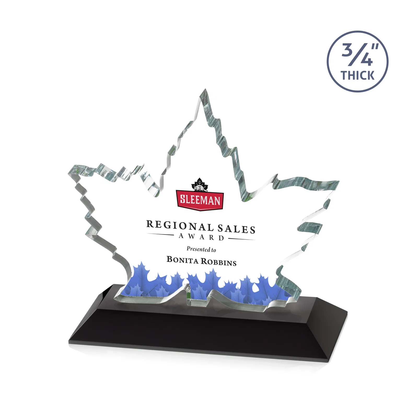 Branded Starfire Crystal Maple Leaf Award With Acid-Polished Edges for volunteer appreciation