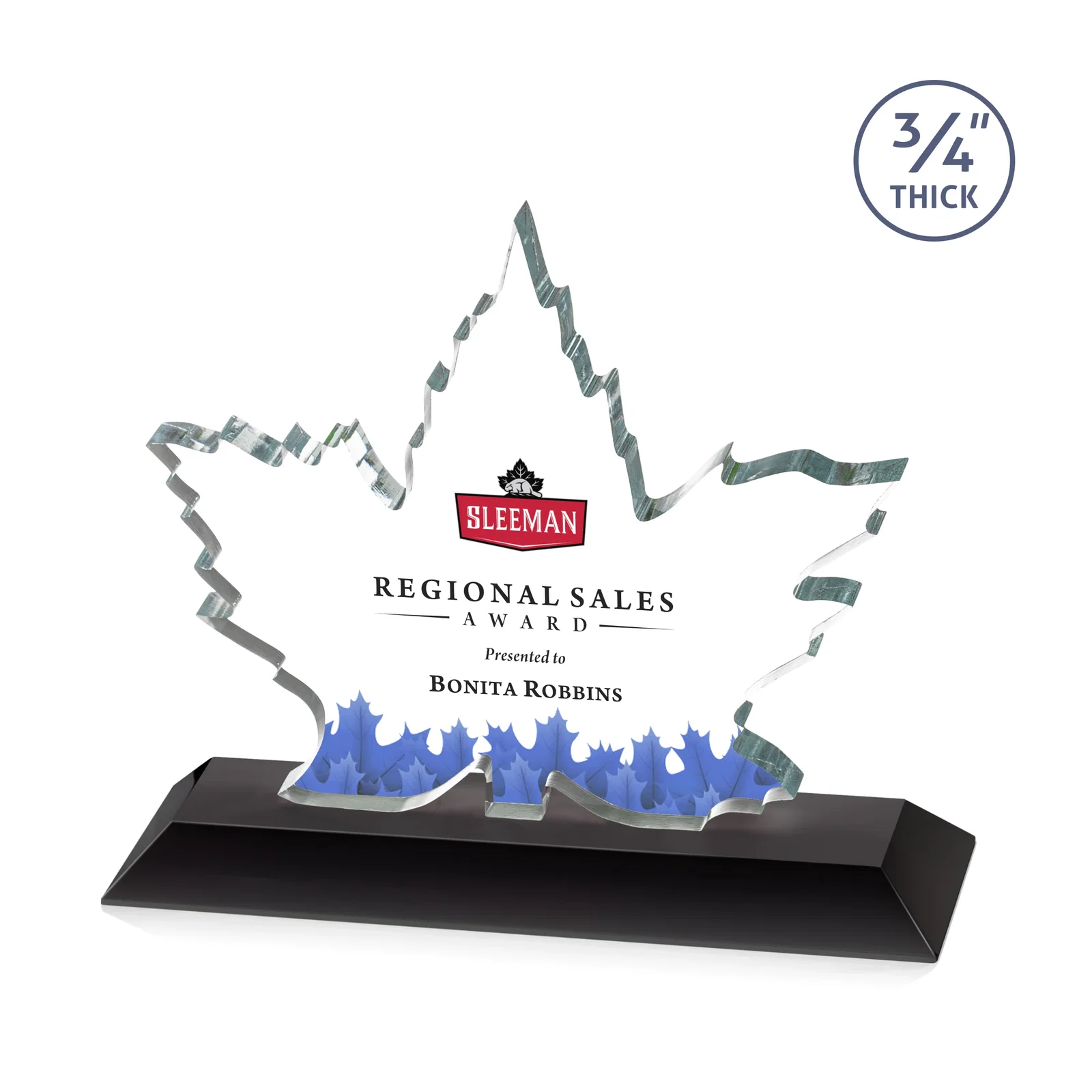Branded Starfire Crystal Maple Leaf Award With Acid-Polished Edges for dealer and partner awards