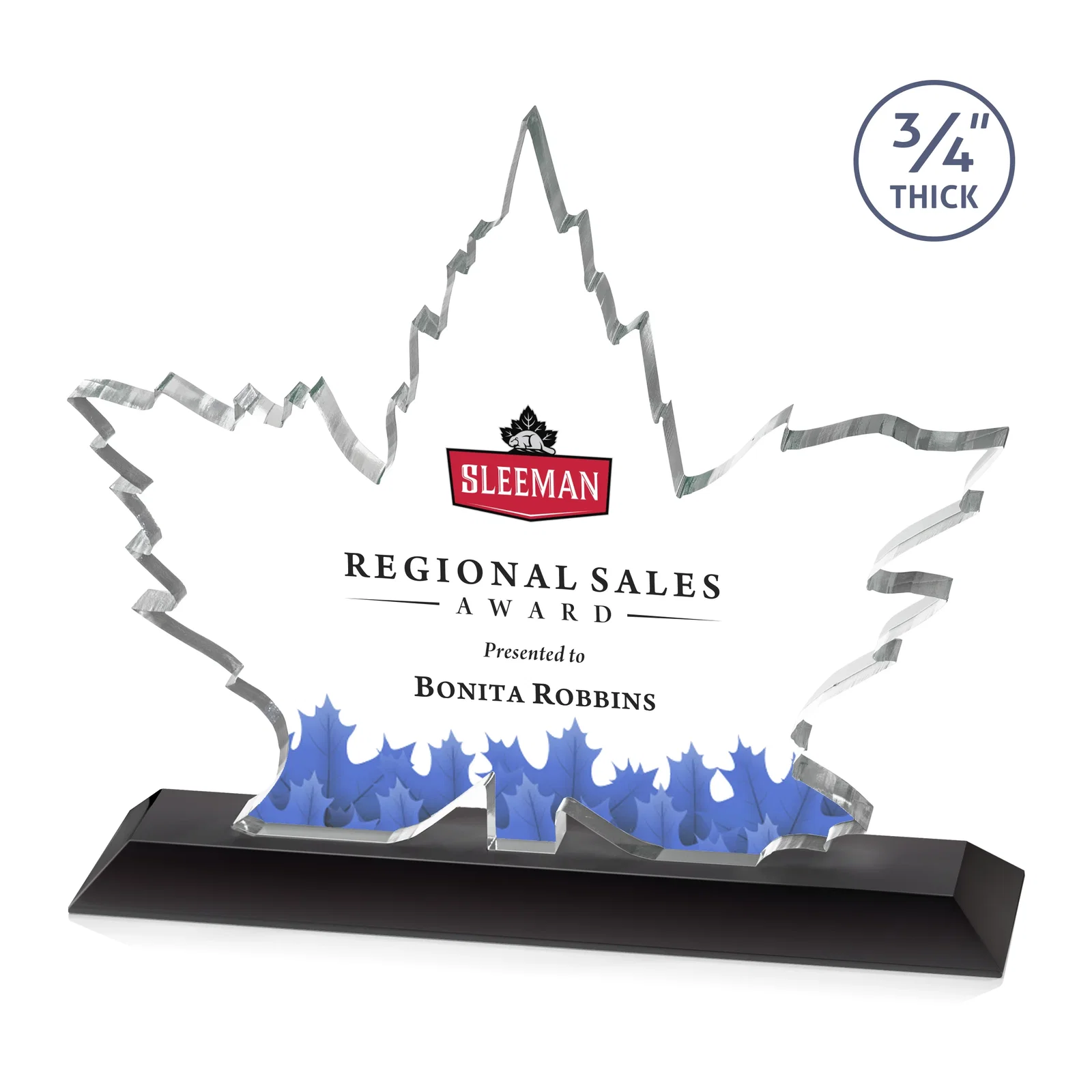 Branded Starfire Crystal Maple Leaf Award With Acid-Polished Edges for company anniversary events