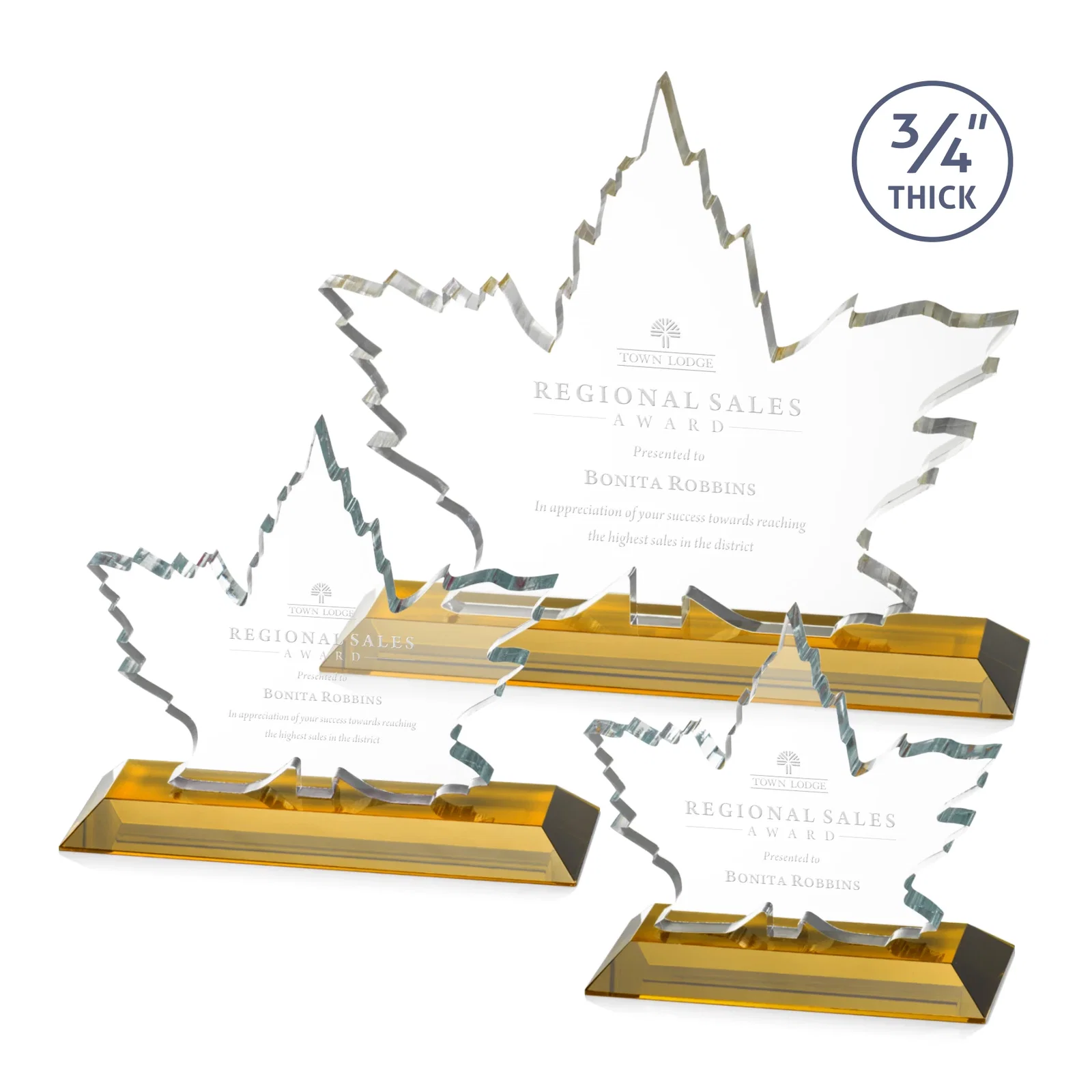 Custom Starfire Crystal Maple Leaf Award With Acid-Polished Edges for retirement presentations