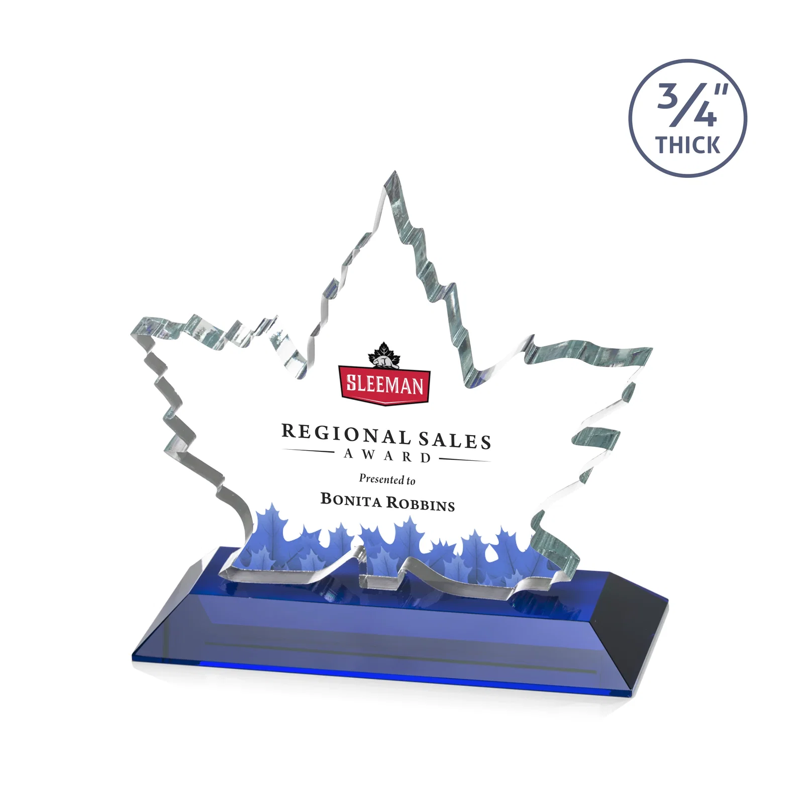 Custom printed Starfire Crystal Maple Leaf Award With Acid-Polished Edges for corporate award ceremonies