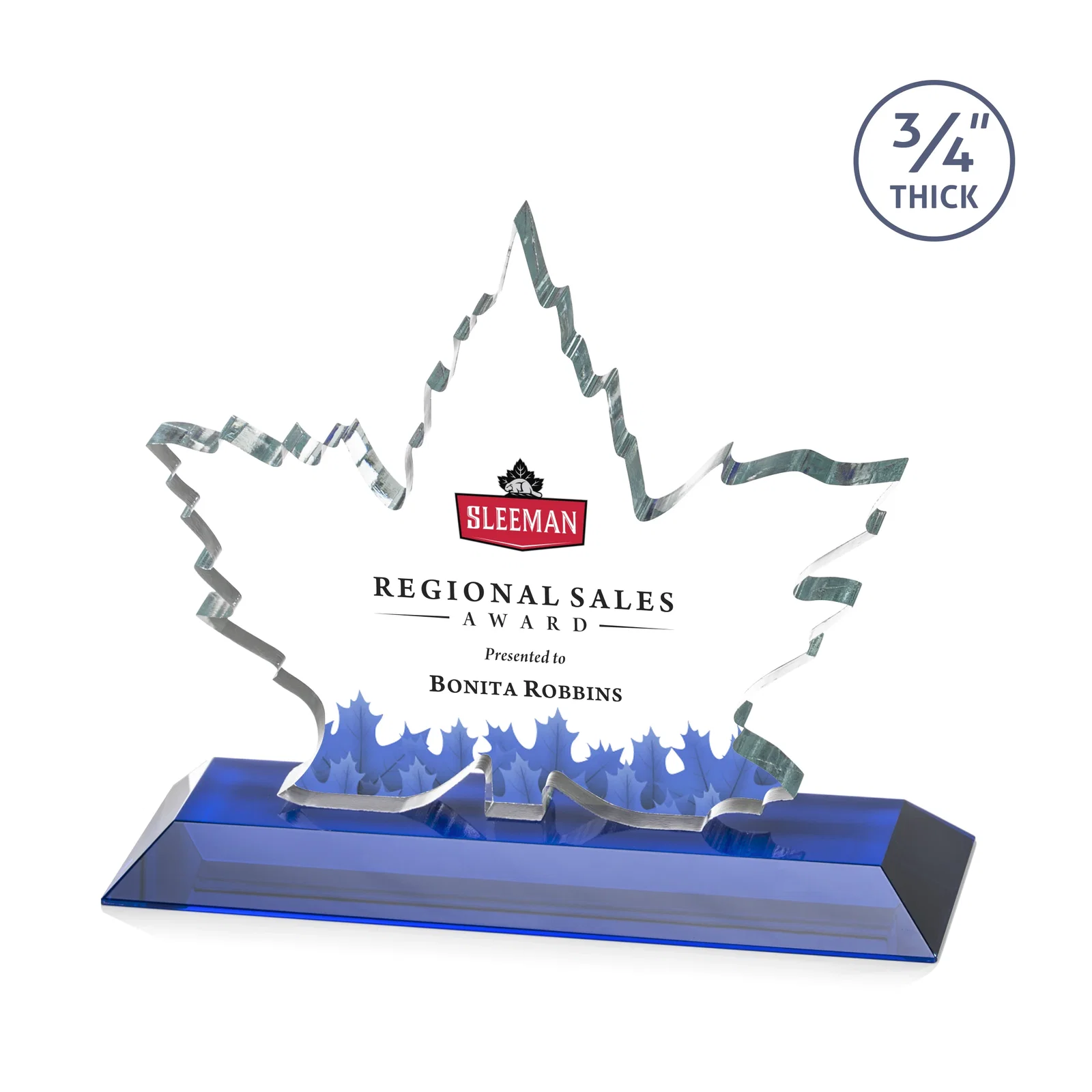 Custom printed Starfire Crystal Maple Leaf Award With Acid-Polished Edges for service anniversary gifts