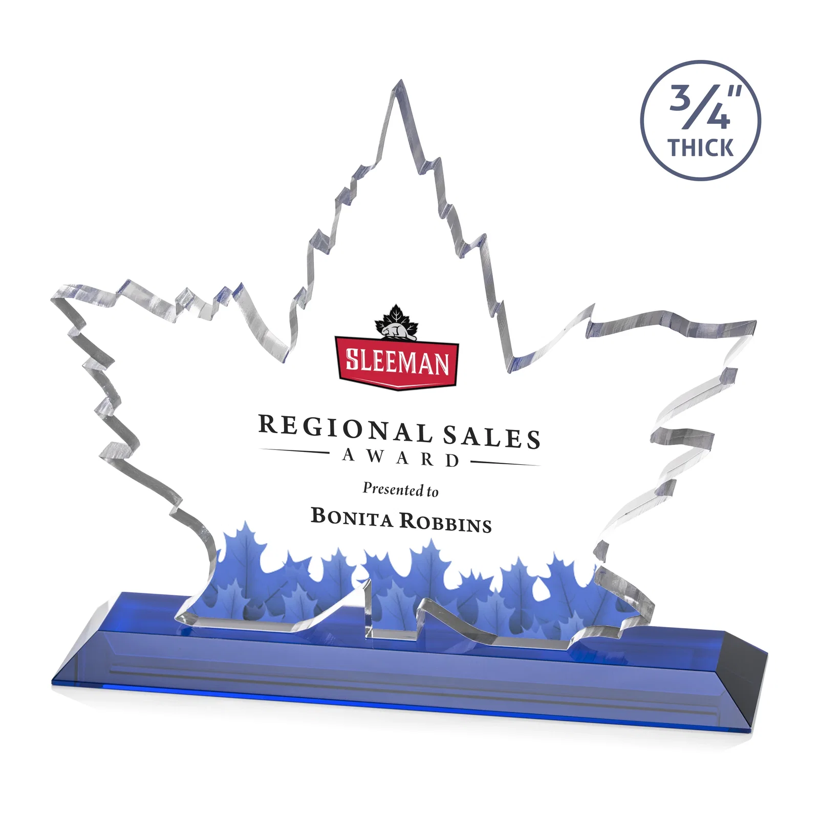 Custom printed Starfire Crystal Maple Leaf Award With Acid-Polished Edges for sales achievement awards