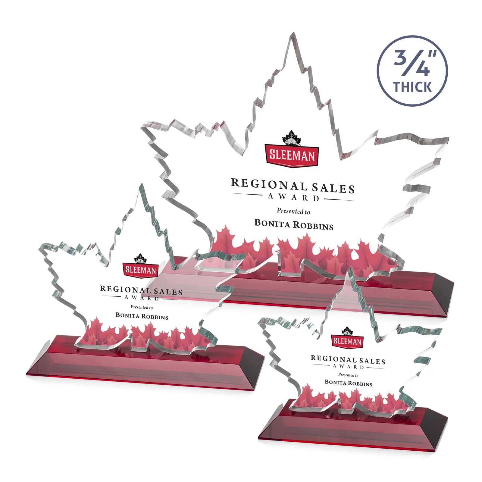 Custom printed Starfire Crystal Maple Leaf Award With Acid-Polished Edges for retirement presentations