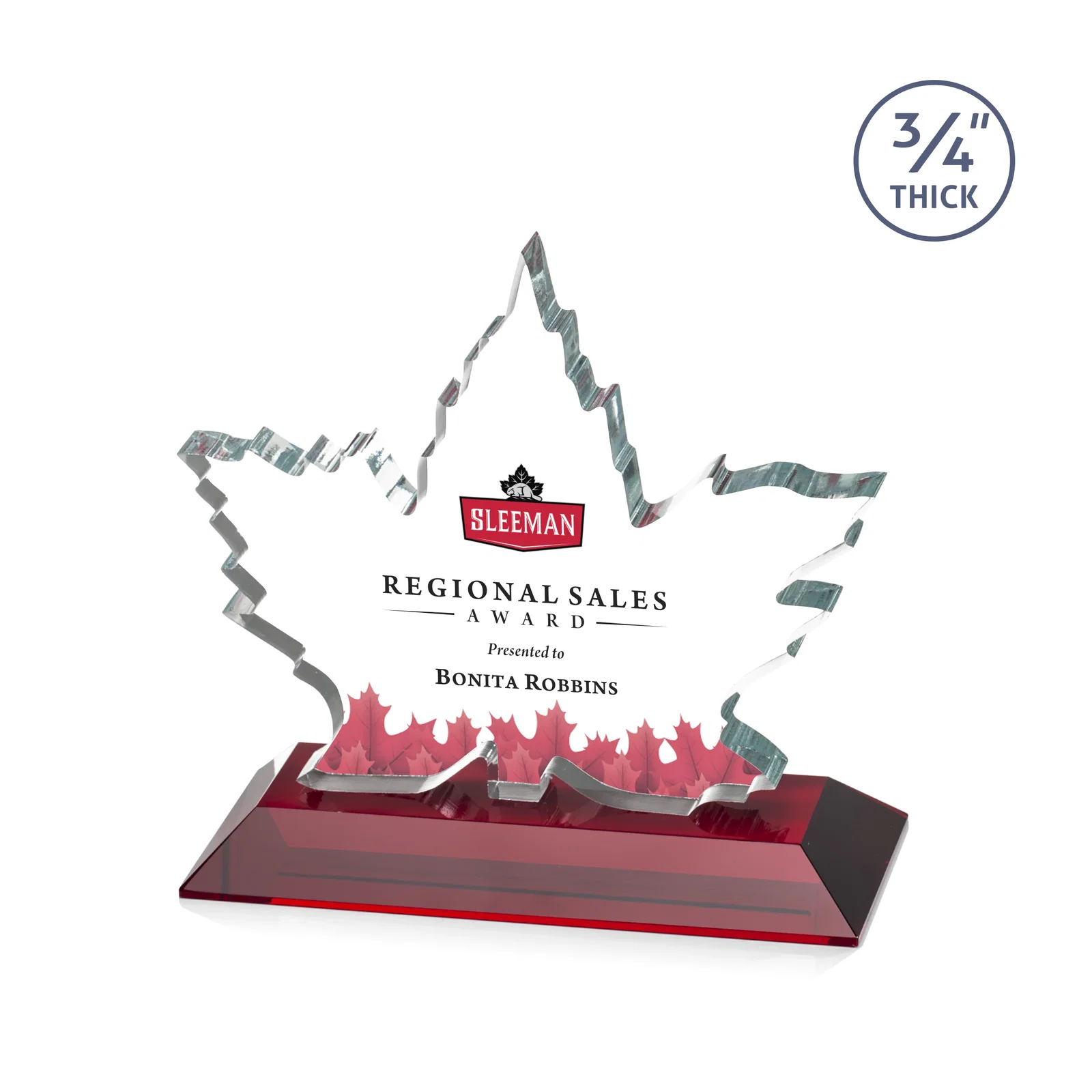 Custom printed Starfire Crystal Maple Leaf Award With Acid-Polished Edges for team milestone celebrations