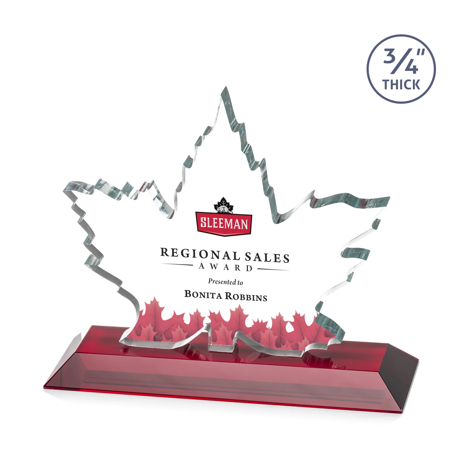 Custom printed Starfire Crystal Maple Leaf Award With Acid-Polished Edges for donor appreciation