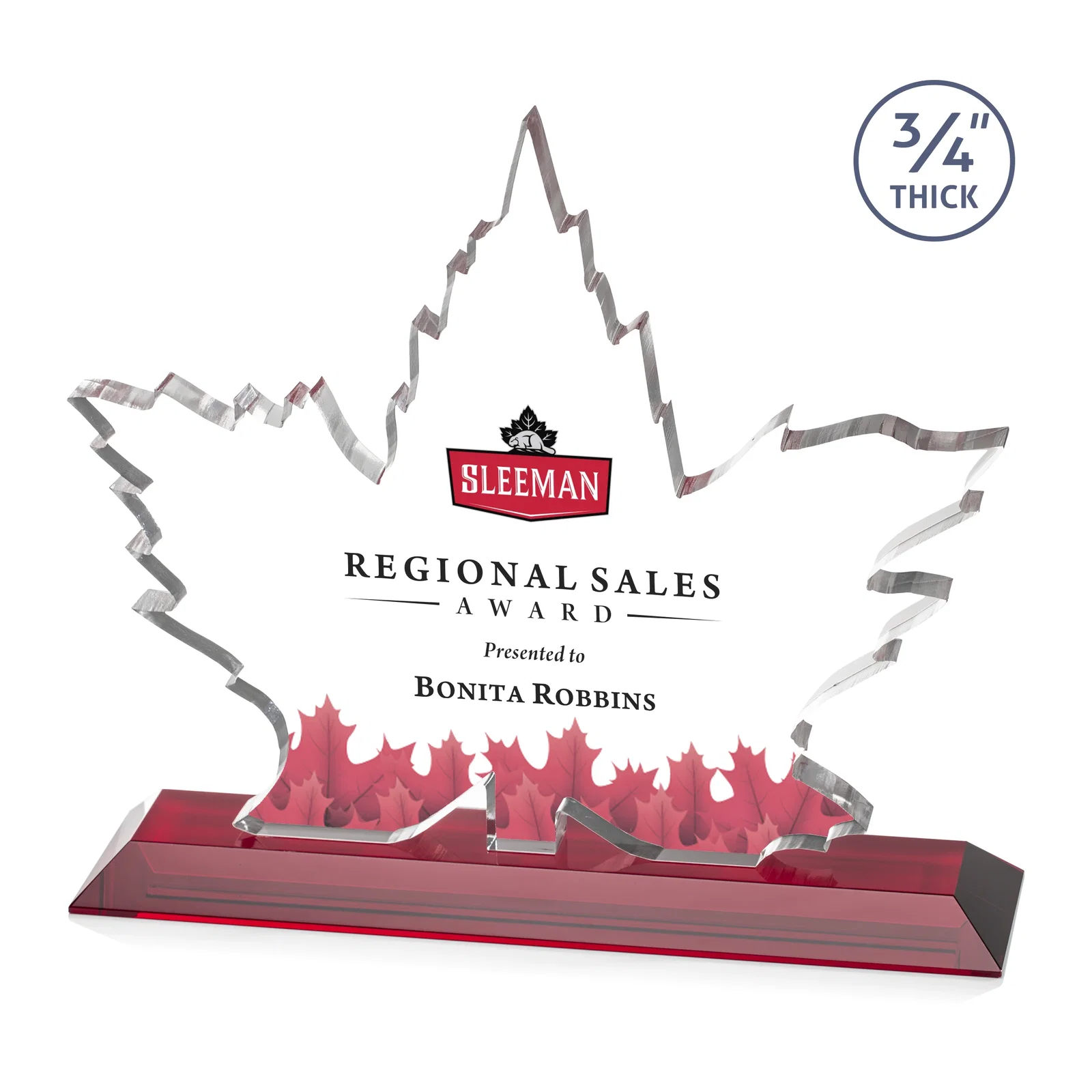 Custom printed Starfire Crystal Maple Leaf Award With Acid-Polished Edges for graduation ceremonies