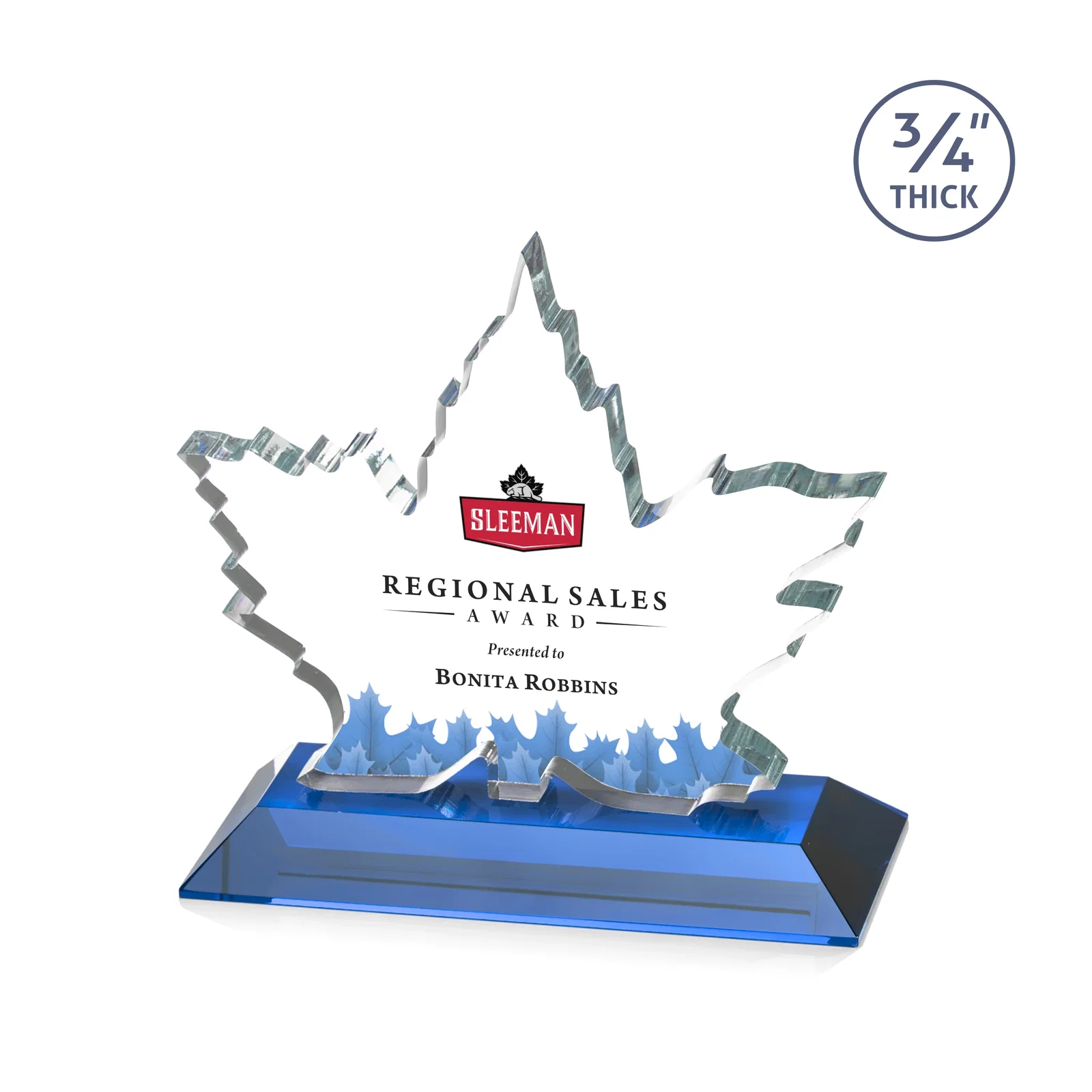 Custom printed Starfire Crystal Maple Leaf Award With Acid-Polished Edges for volunteer appreciation