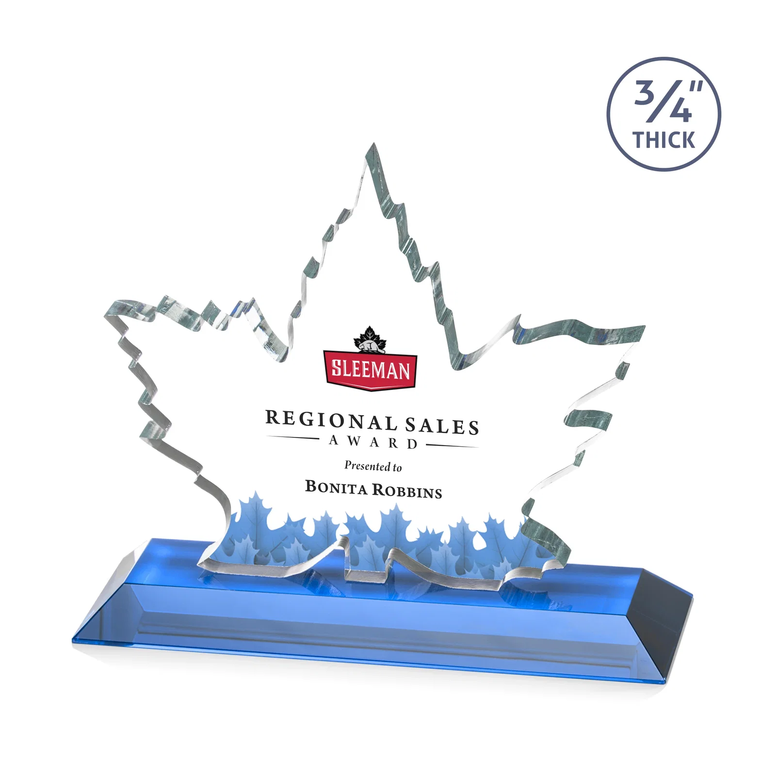 Custom printed Starfire Crystal Maple Leaf Award With Acid-Polished Edges for dealer and partner awards
