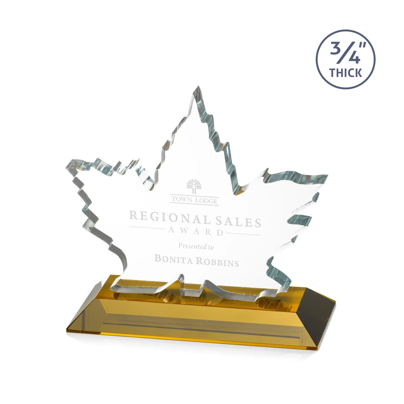 Custom Starfire Crystal Maple Leaf Award With Acid-Polished Edges for team milestone celebrations