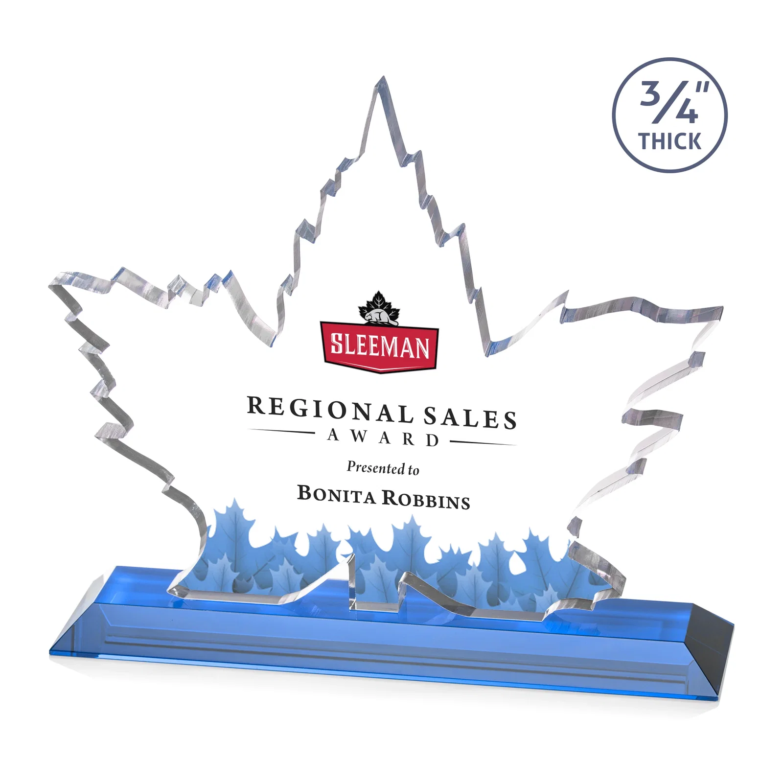 Custom printed Starfire Crystal Maple Leaf Award With Acid-Polished Edges for company anniversary events