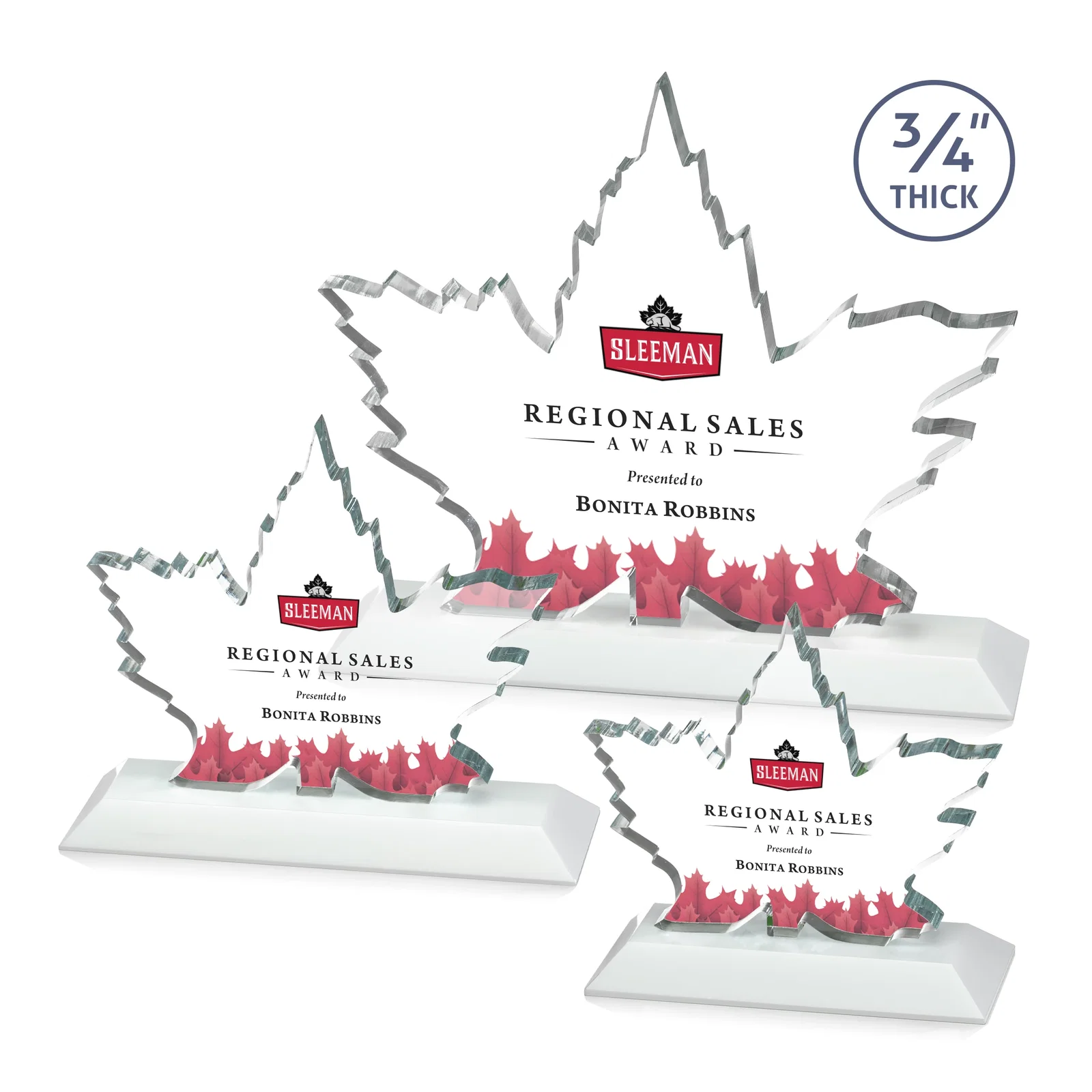 Customized Starfire Crystal Maple Leaf Award With Acid-Polished Edges for employee recognition