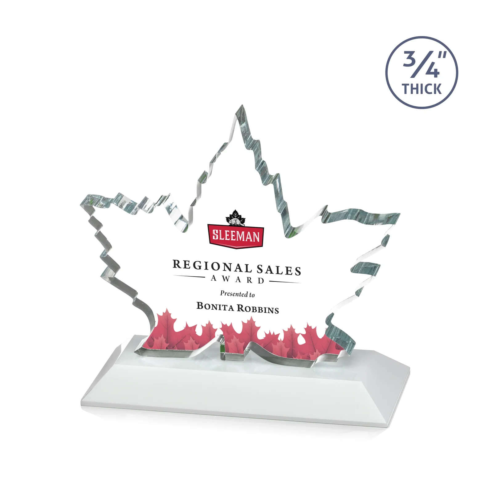 Customized Starfire Crystal Maple Leaf Award With Acid-Polished Edges for corporate award ceremonies