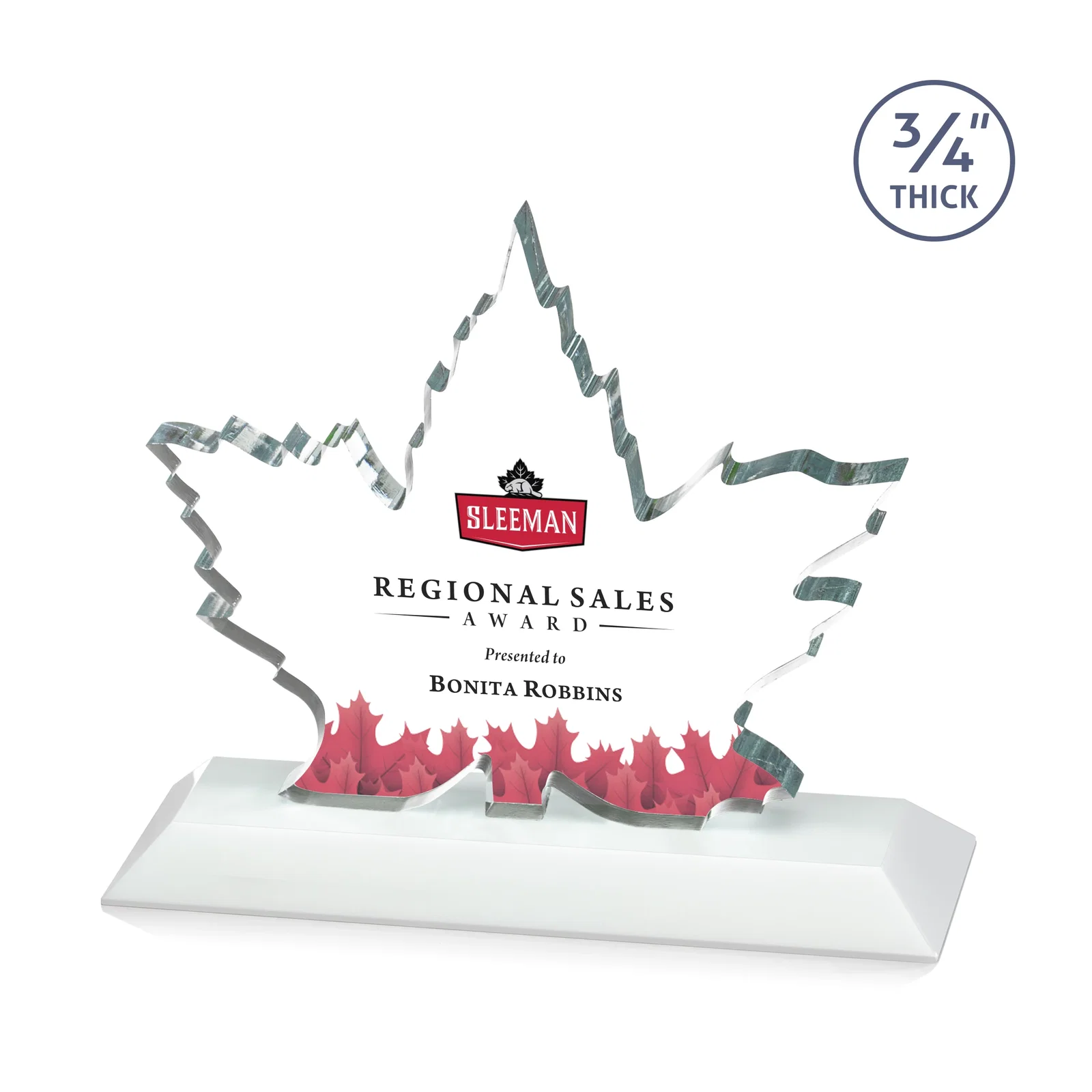 Customized Starfire Crystal Maple Leaf Award With Acid-Polished Edges for service anniversary gifts