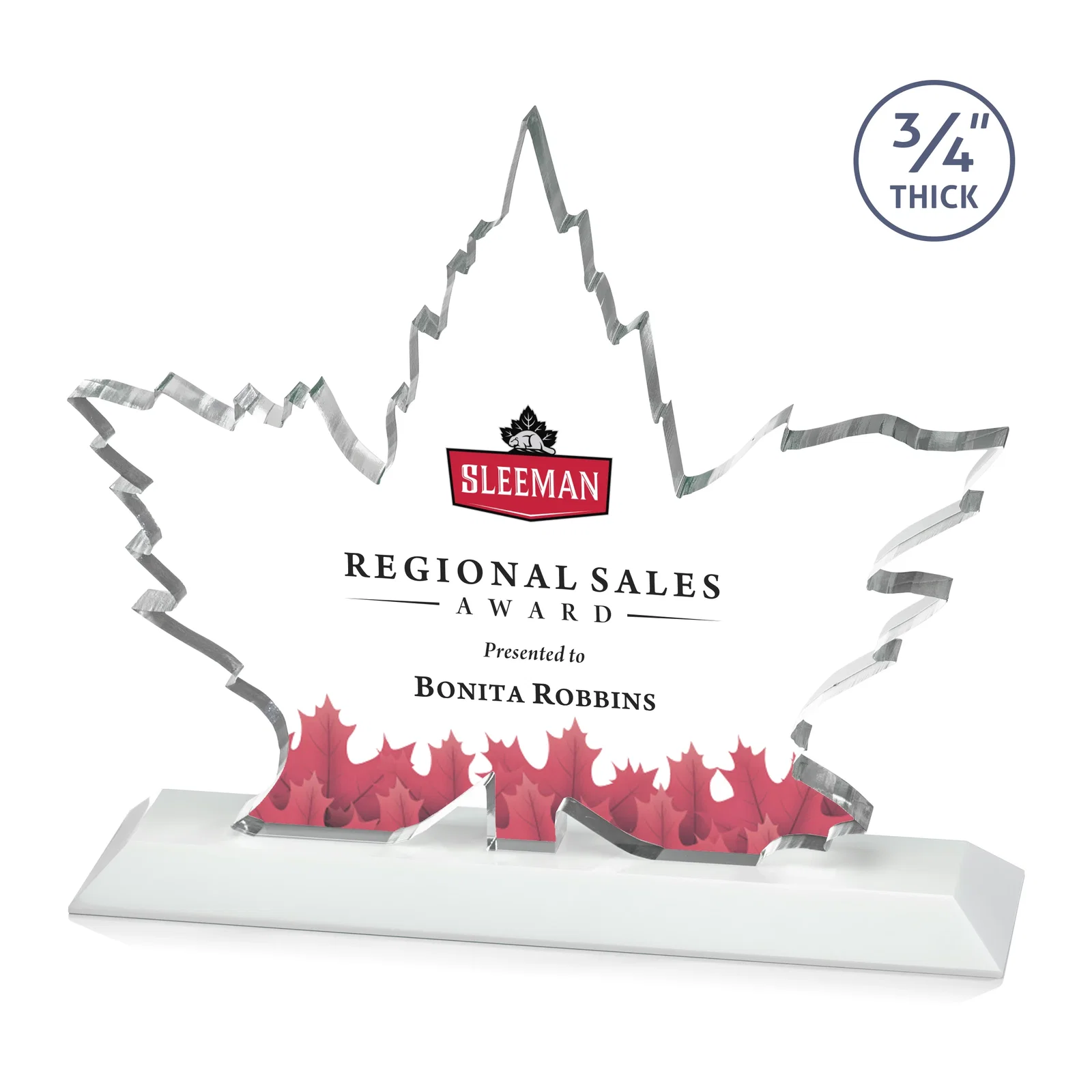 Customized Starfire Crystal Maple Leaf Award With Acid-Polished Edges for sales achievement awards