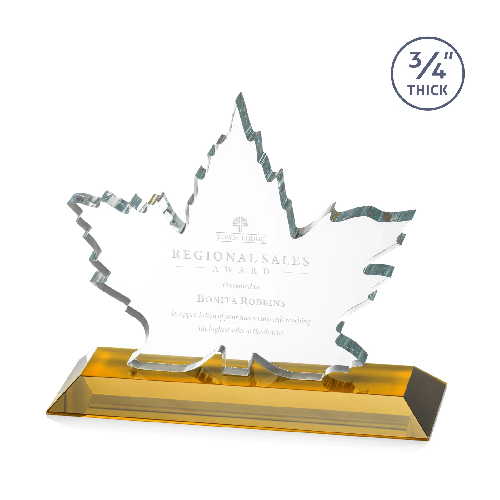 Custom Starfire Crystal Maple Leaf Award With Acid-Polished Edges for donor appreciation