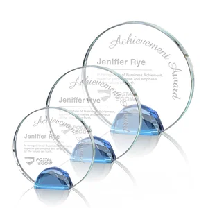 Optical Crystal Round Award on Faceted Sky Blue Base