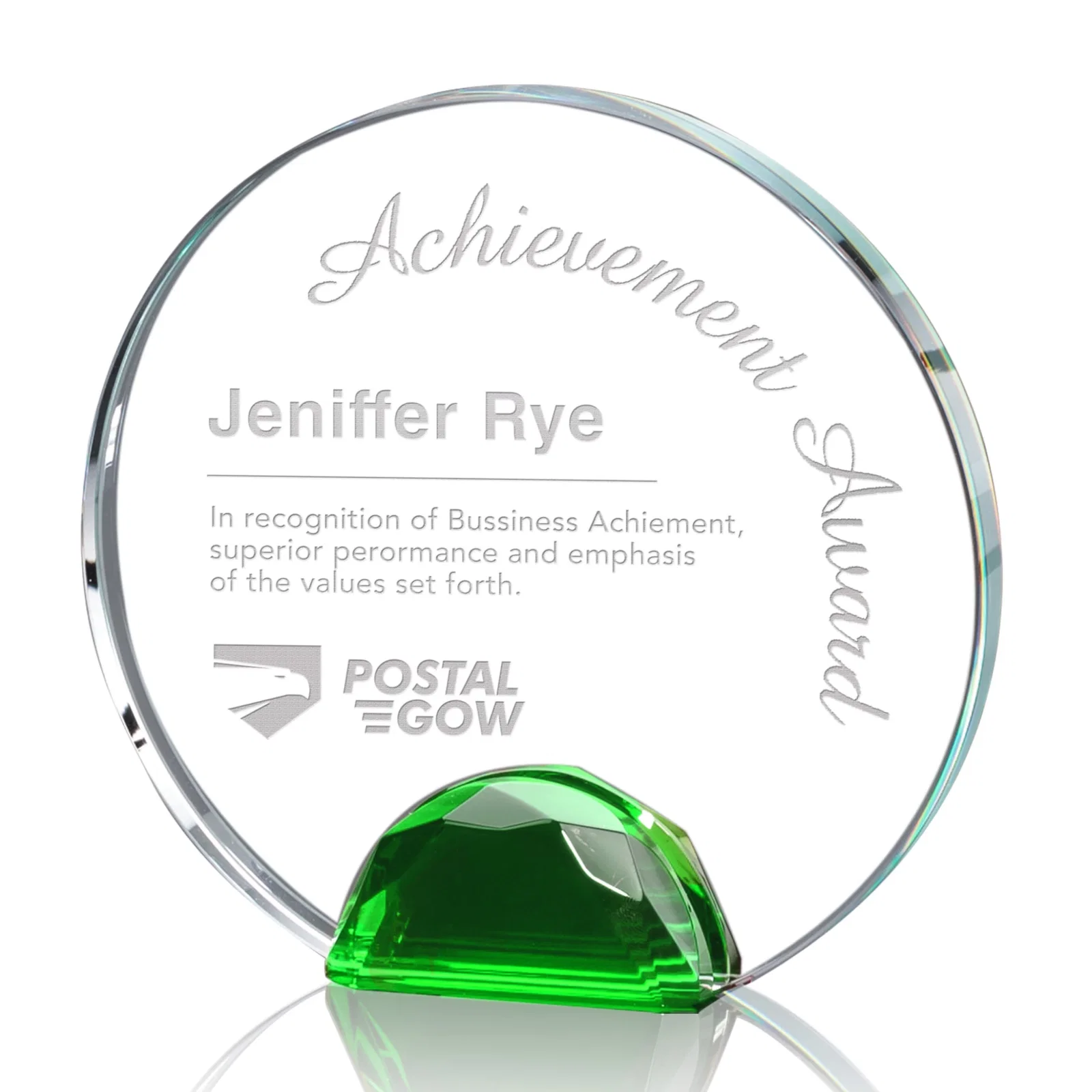 Custom Optical Crystal Round Award on Faceted Sky Blue Base, awards for company anniversary events