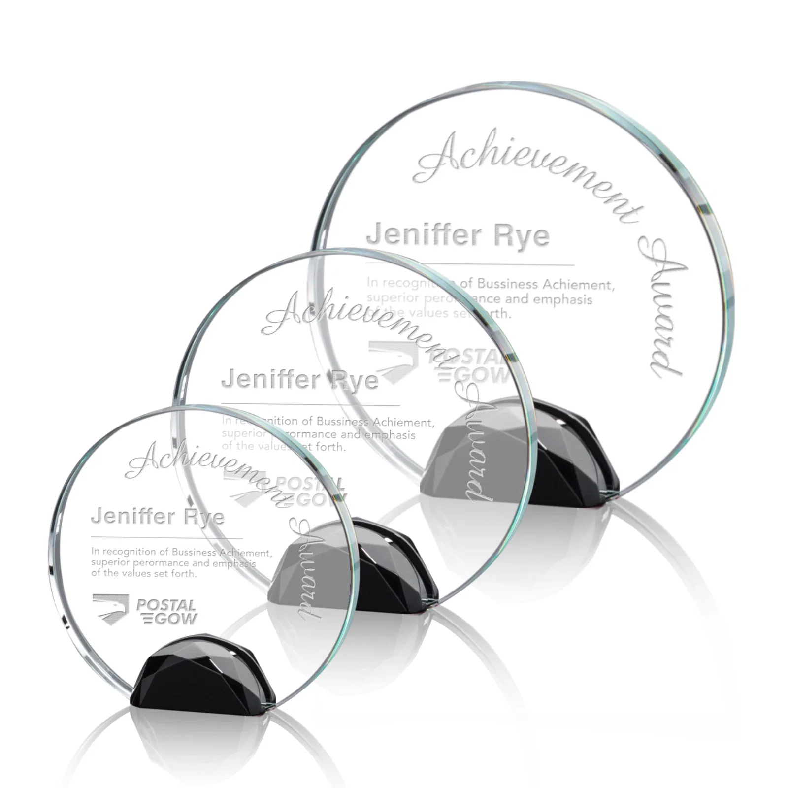 Personalized Optical Crystal Round Award on Faceted Sky Blue Base, awards for employee recognition