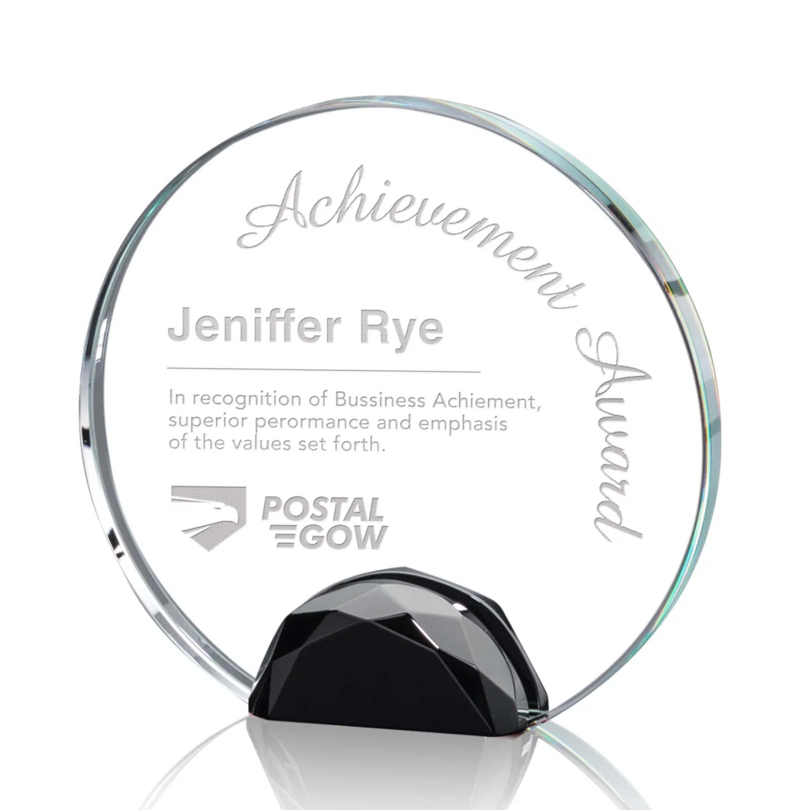 Personalized Optical Crystal Round Award on Faceted Sky Blue Base, awards for corporate award ceremonies