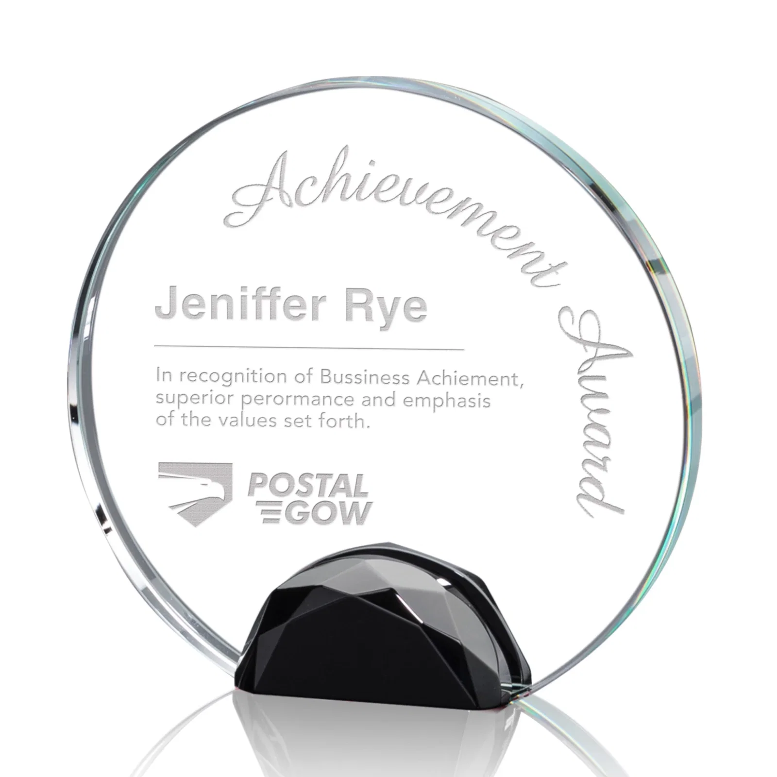 Personalized Optical Crystal Round Award on Faceted Sky Blue Base, awards for service anniversary gifts