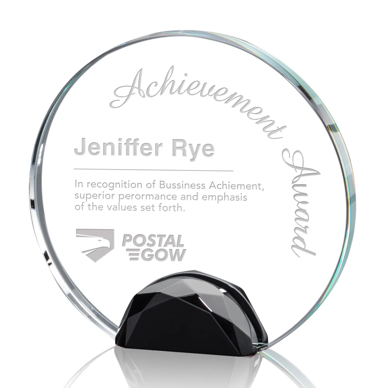 Personalized Optical Crystal Round Award on Faceted Sky Blue Base, awards for sales achievement awards