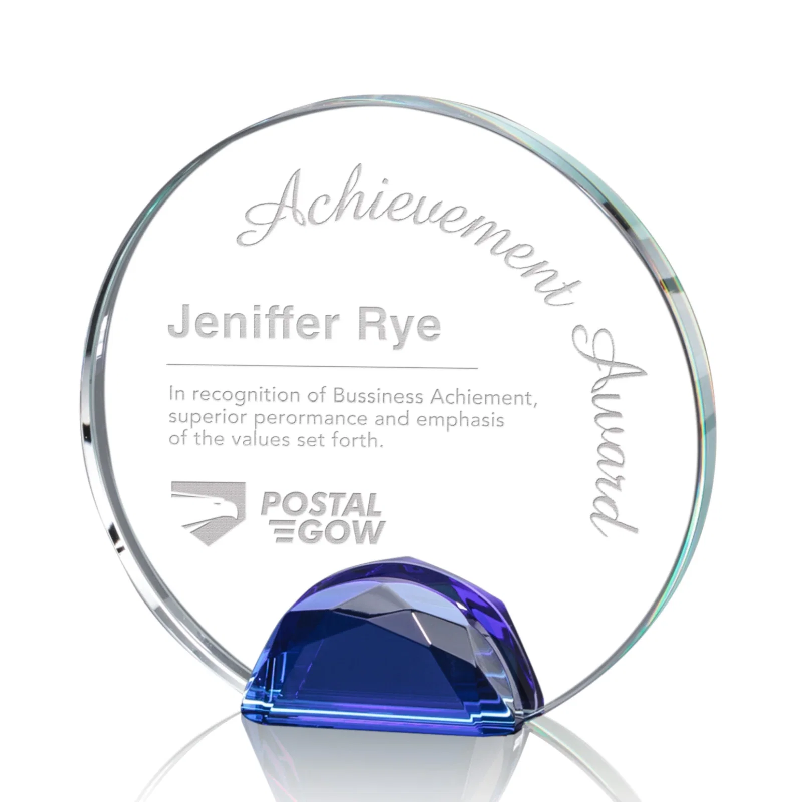 Personalized Optical Crystal Round Award on Faceted Sky Blue Base, awards for team milestone celebrations