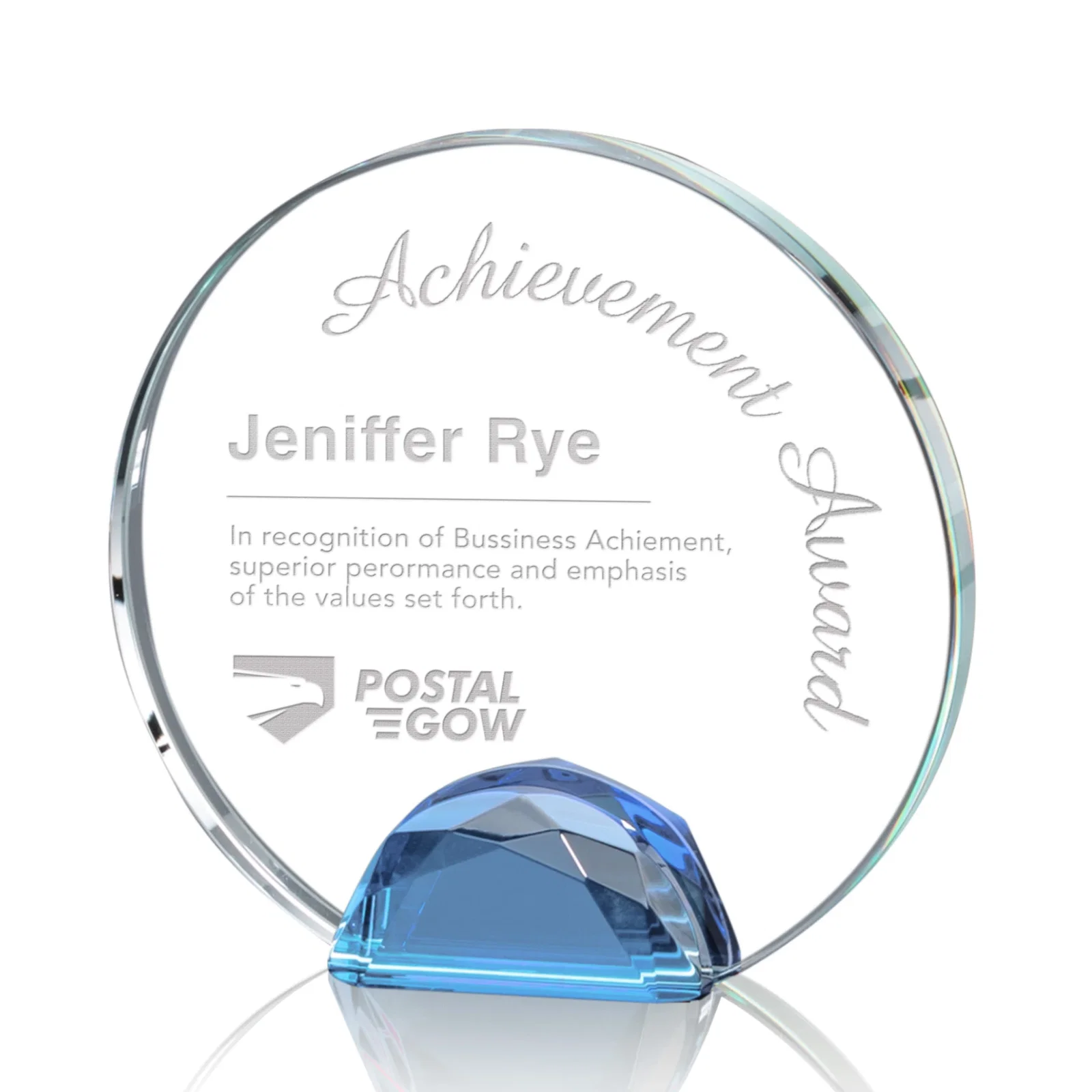 Custom Optical Crystal Round Award on Faceted Sky Blue Base, awards for corporate award ceremonies