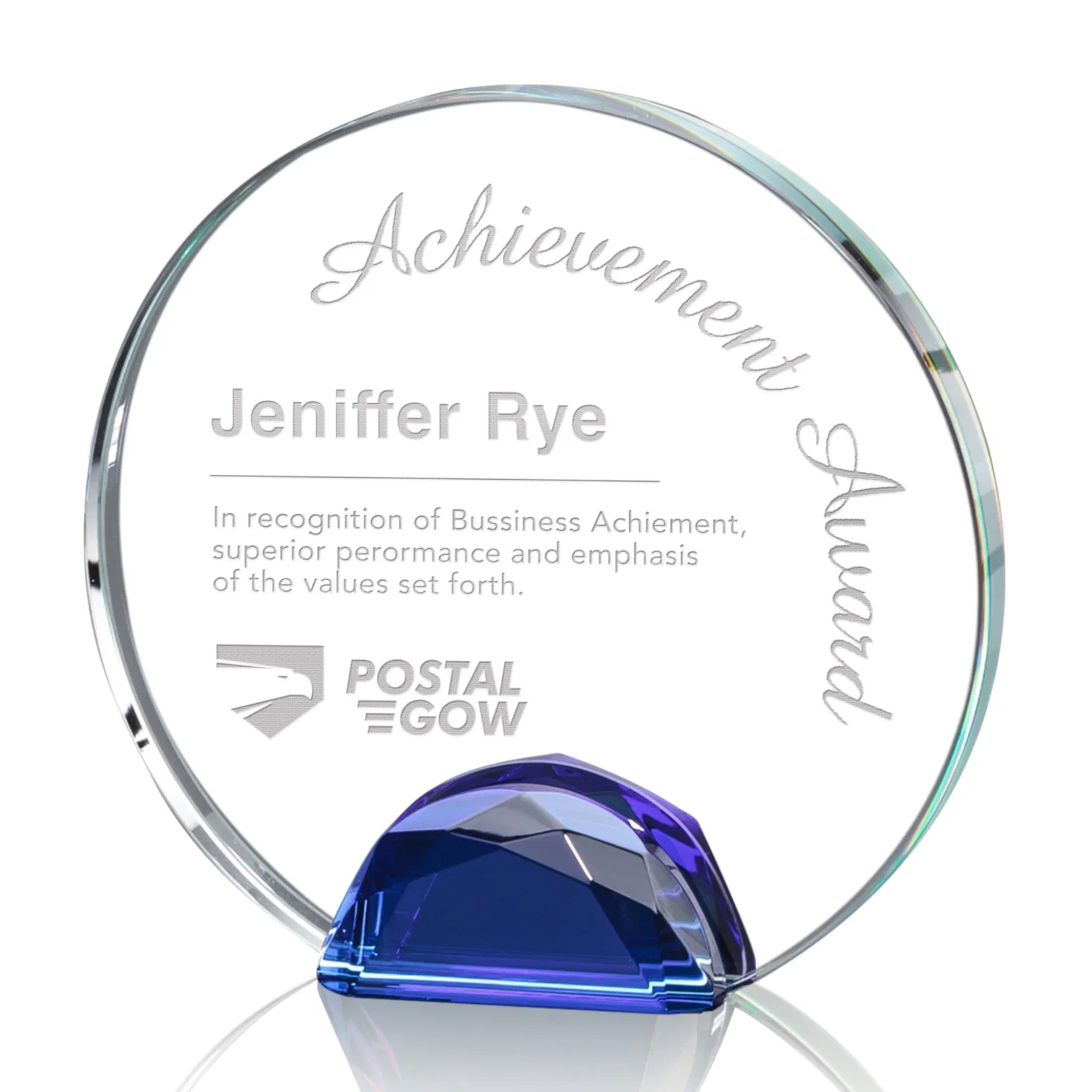 Personalized Optical Crystal Round Award on Faceted Sky Blue Base, awards for graduation ceremonies