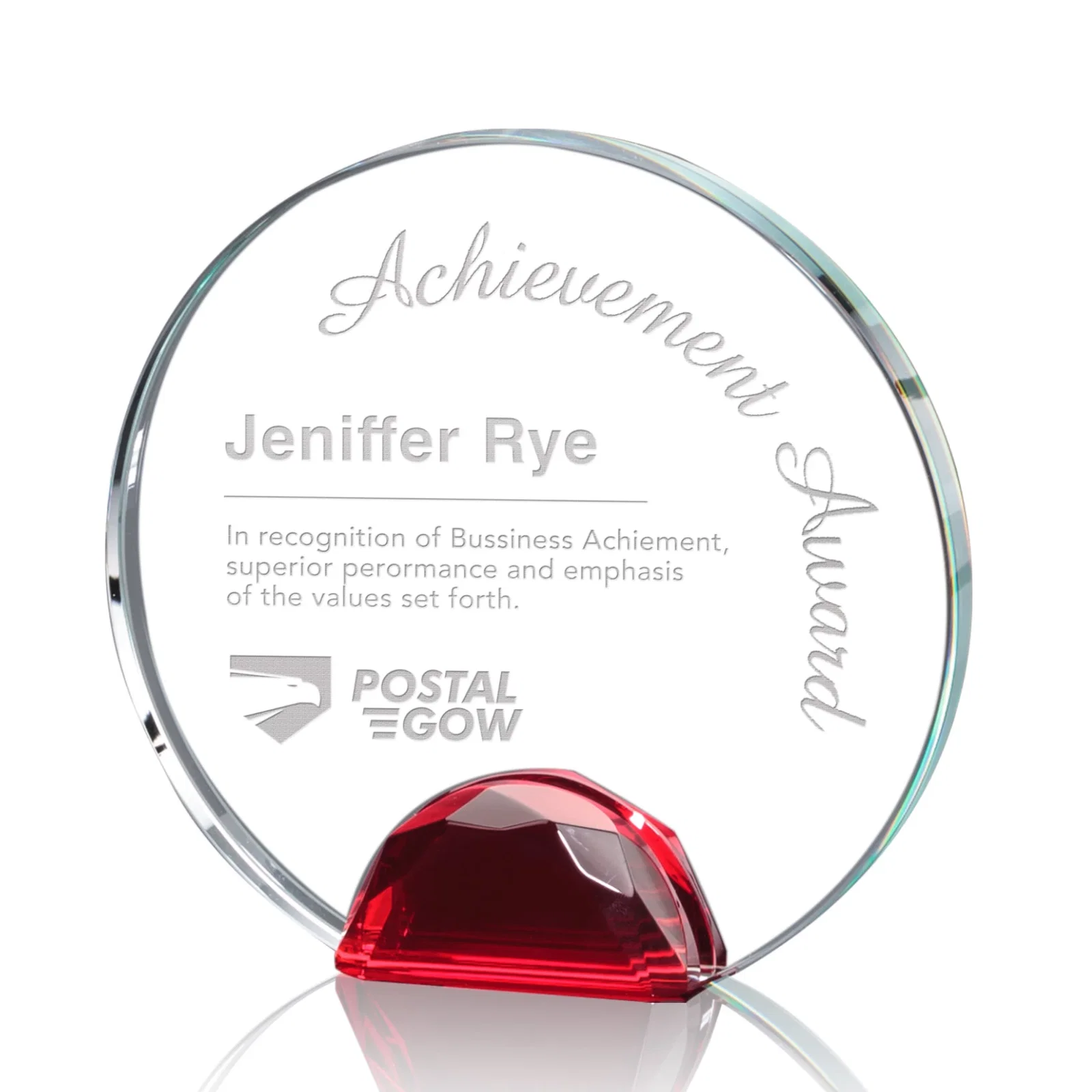 Personalized Optical Crystal Round Award on Faceted Sky Blue Base, awards for volunteer appreciation