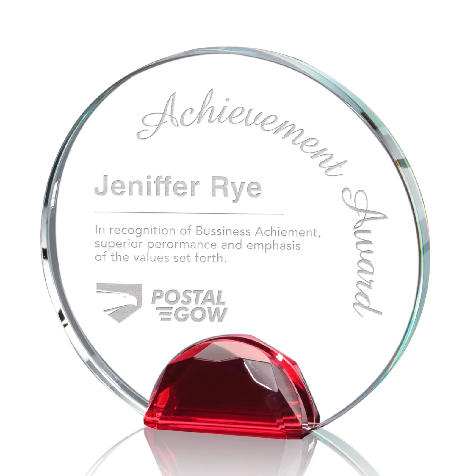 Personalized Optical Crystal Round Award on Faceted Sky Blue Base, awards for dealer and partner awards