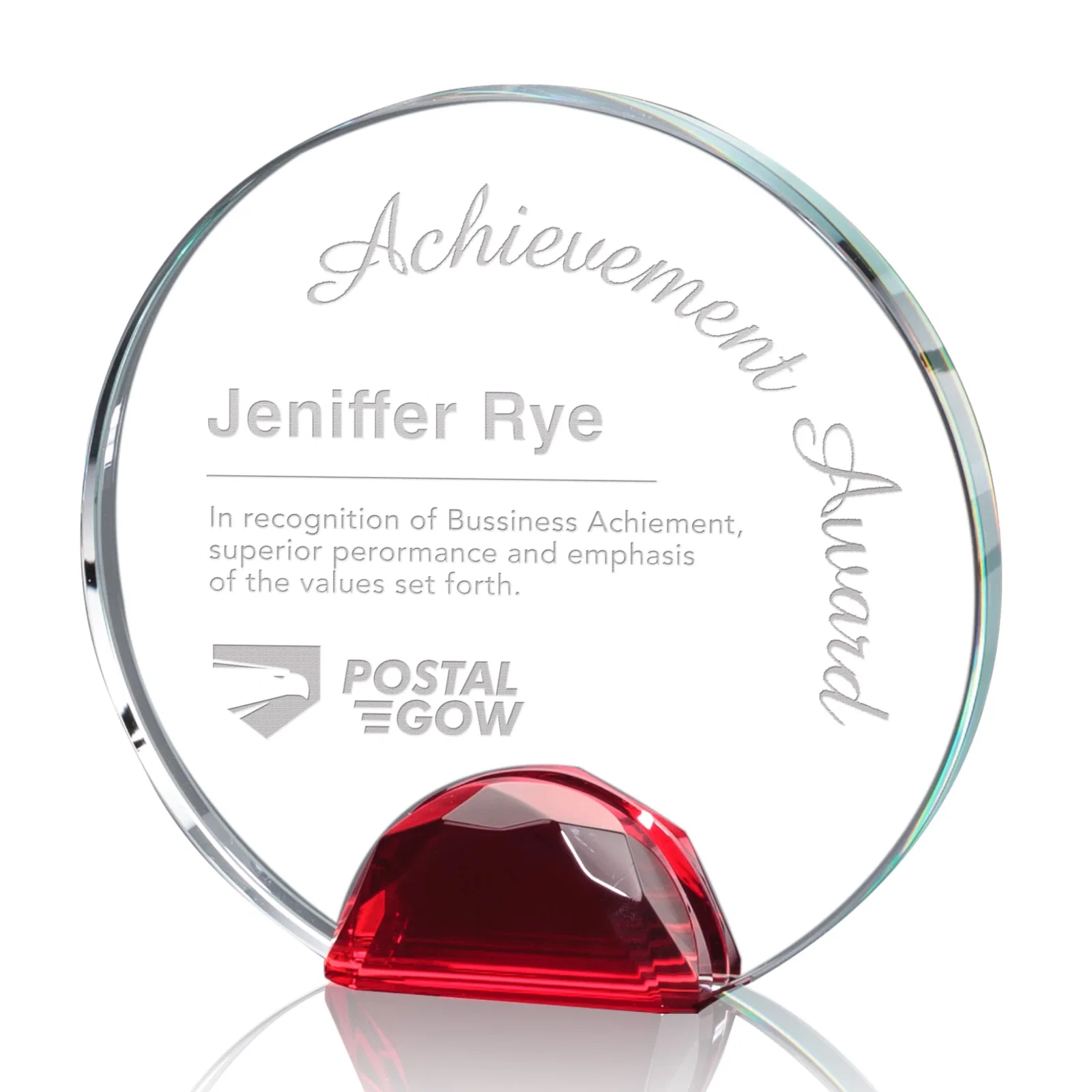 Personalized Optical Crystal Round Award on Faceted Sky Blue Base, awards for company anniversary events