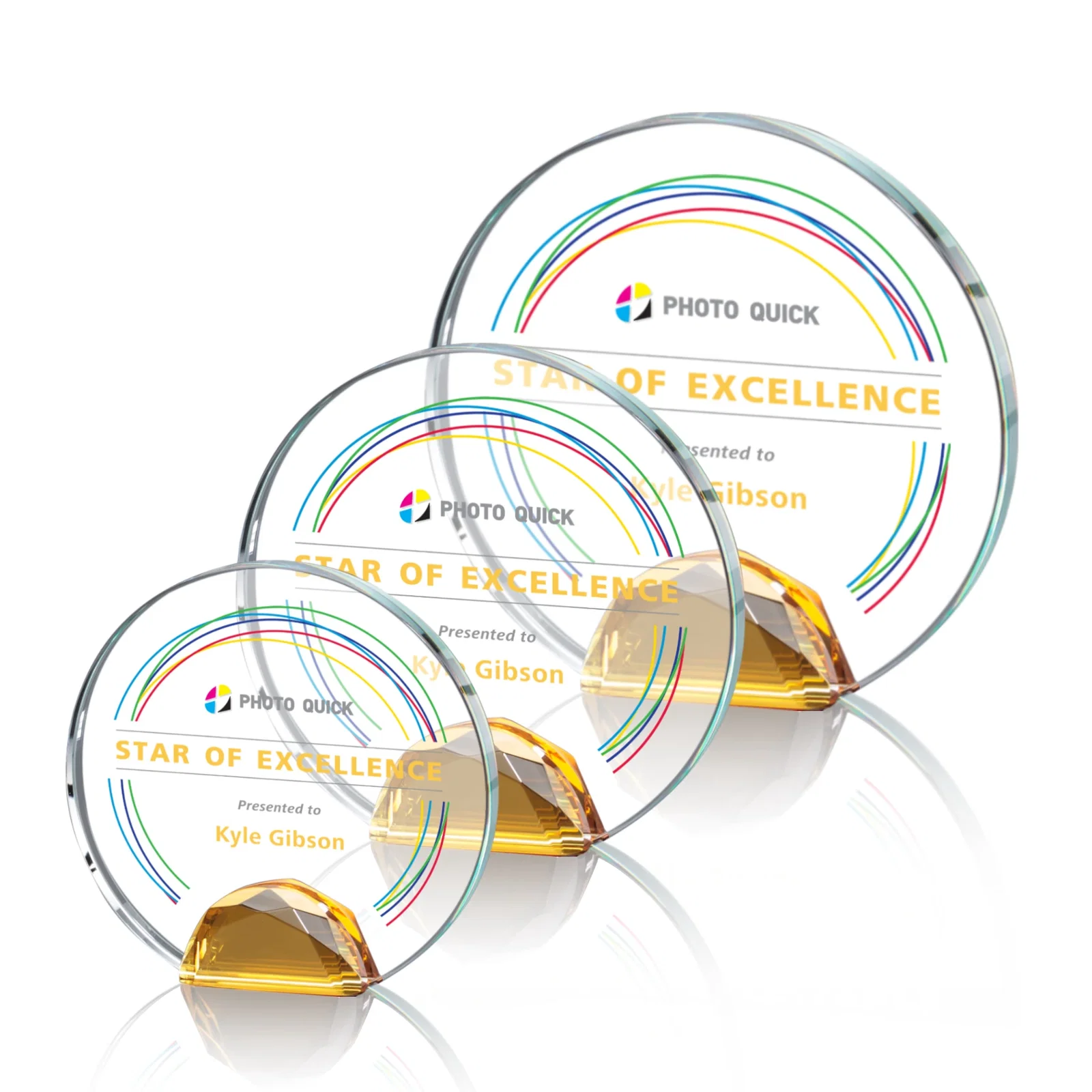 Promotional Optical Crystal Round Award on Faceted Sky Blue Base, awards for employee recognition