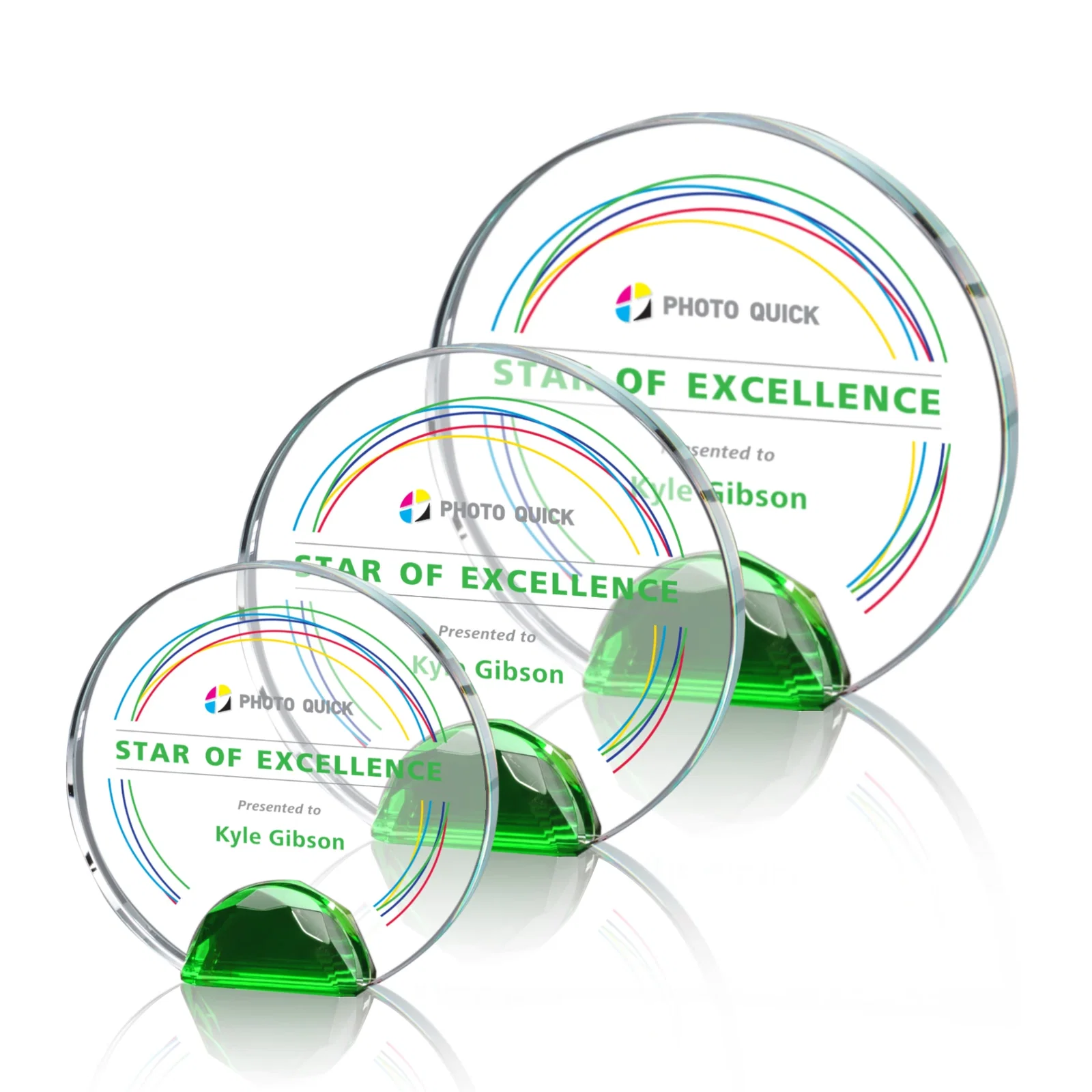 Promotional Optical Crystal Round Award on Faceted Sky Blue Base, awards for retirement presentations