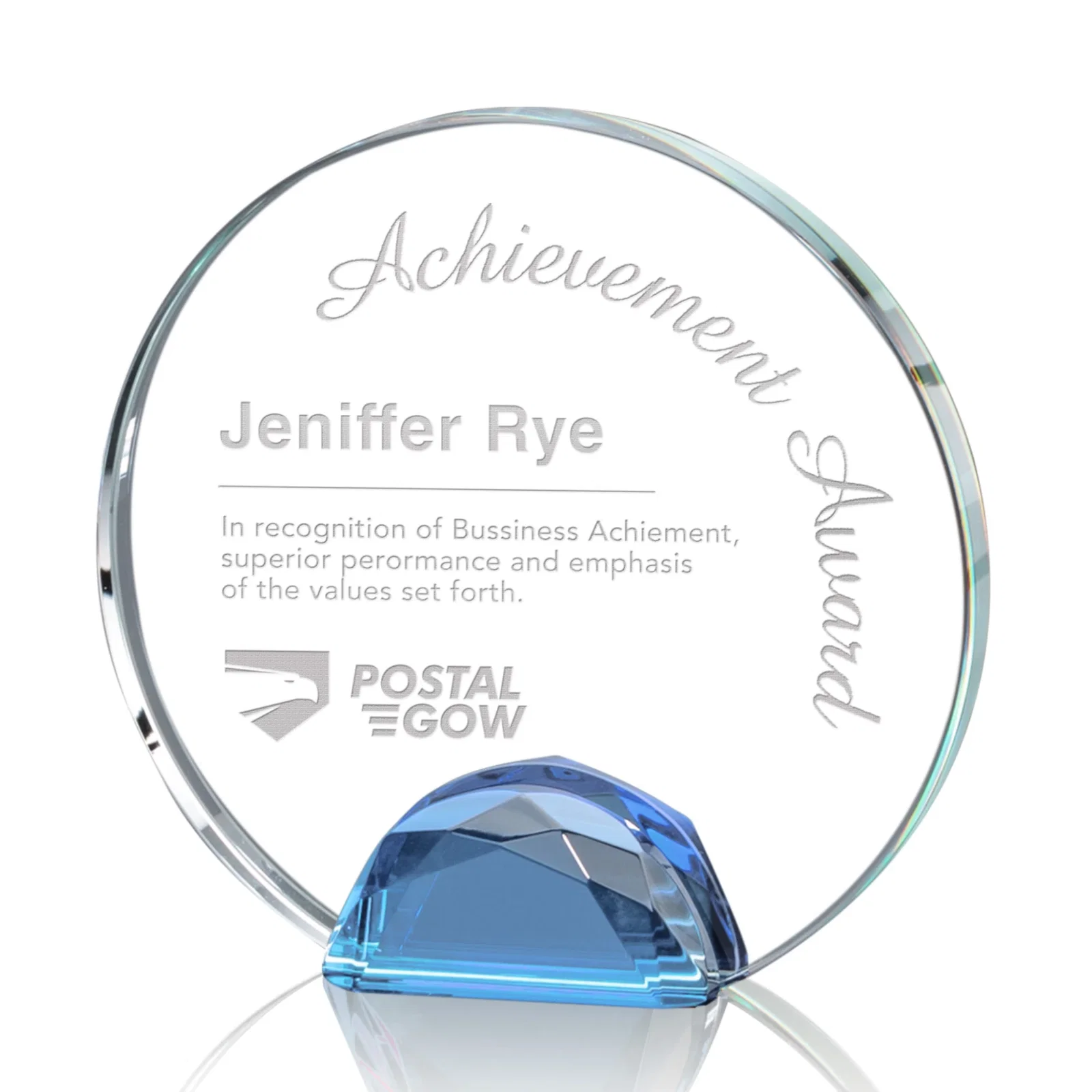 Custom Optical Crystal Round Award on Faceted Sky Blue Base, awards for service anniversary gifts