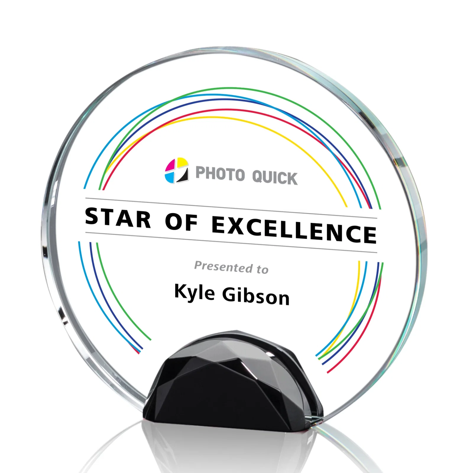Promotional Optical Crystal Round Award on Faceted Sky Blue Base, awards for dealer and partner awards
