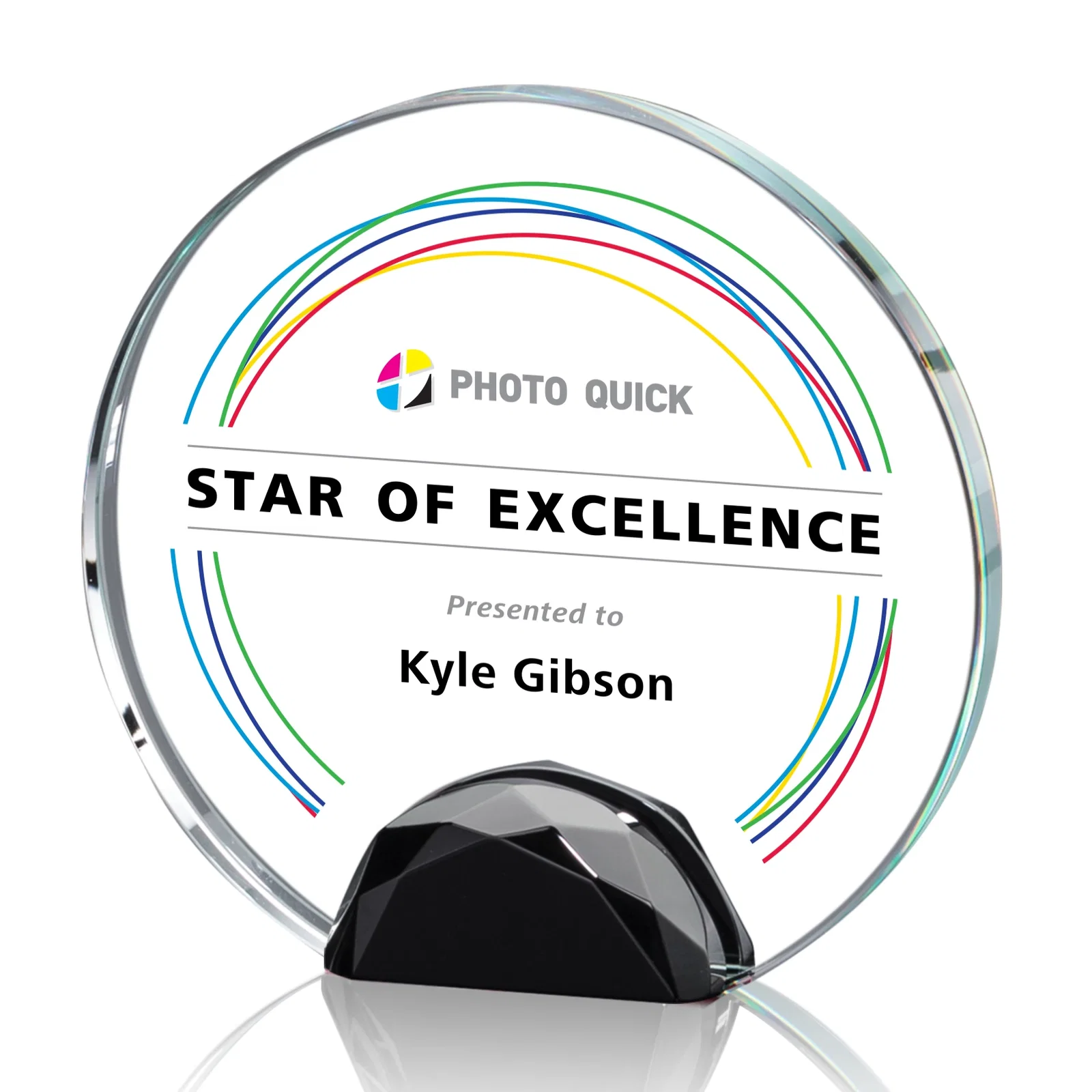 Promotional Optical Crystal Round Award on Faceted Sky Blue Base, awards for company anniversary events