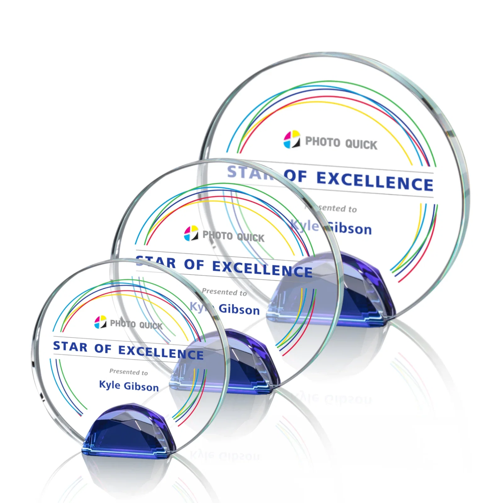 Branded Optical Crystal Round Award on Faceted Sky Blue Base, awards for employee recognition