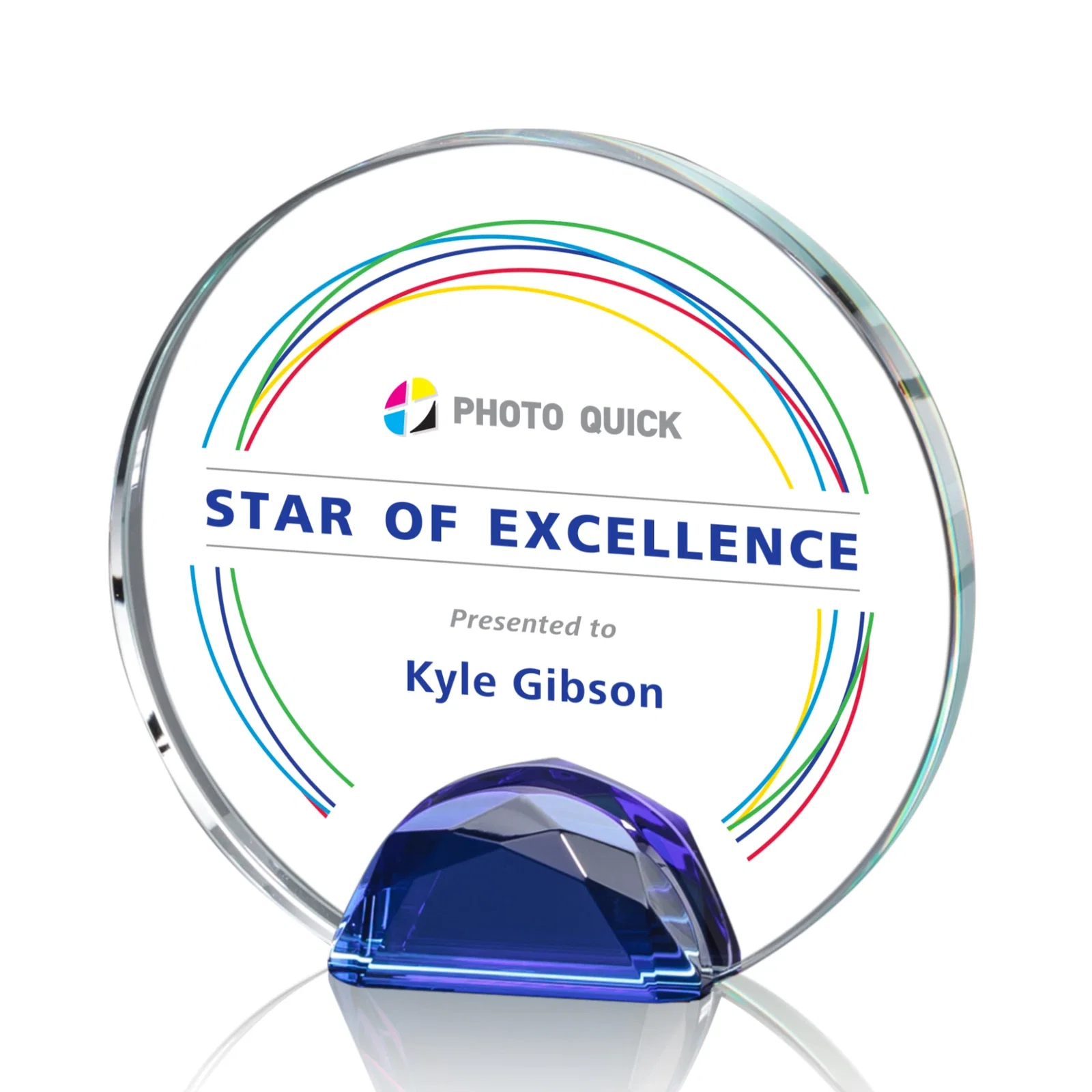 Branded Optical Crystal Round Award on Faceted Sky Blue Base, awards for corporate award ceremonies