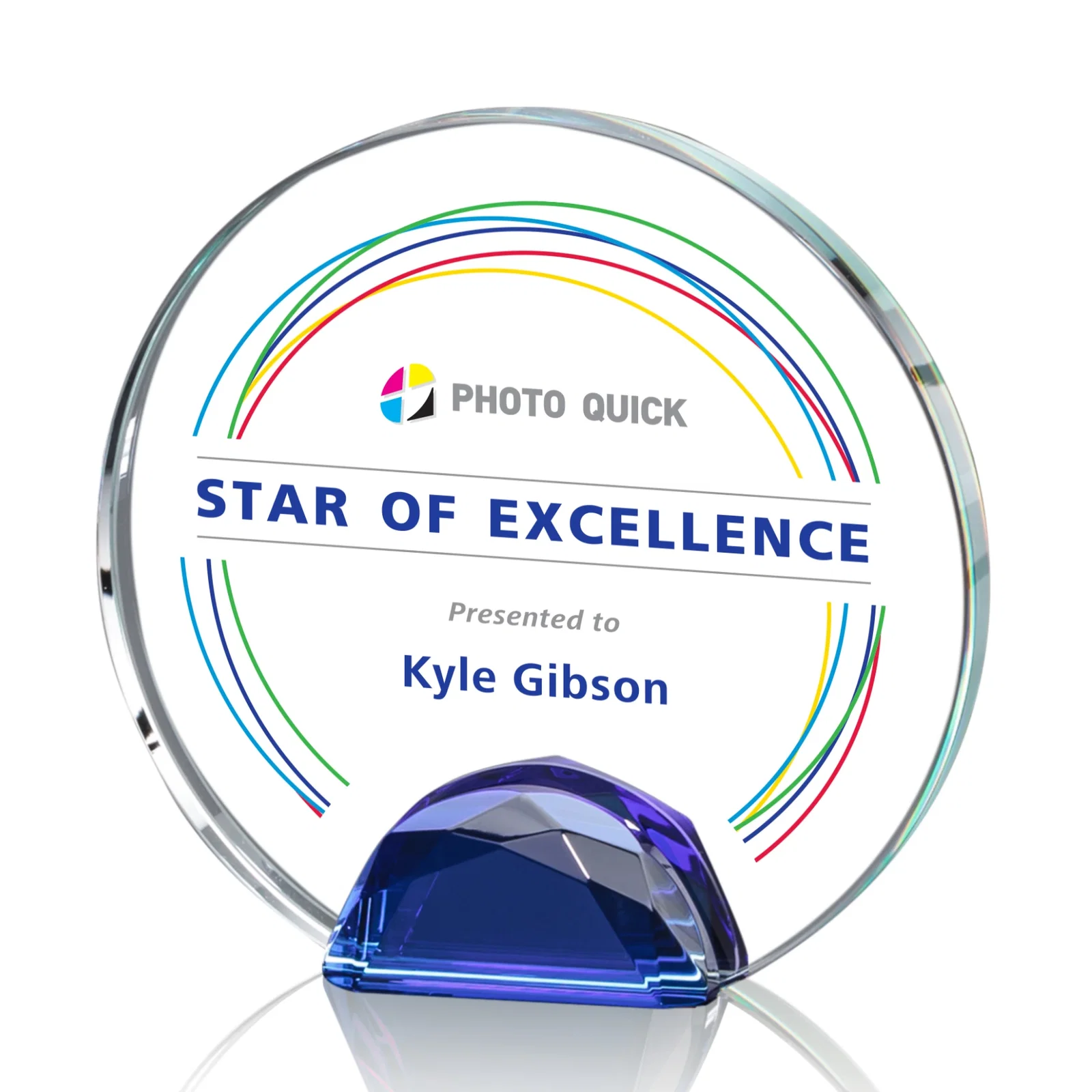 Branded Optical Crystal Round Award on Faceted Sky Blue Base, awards for service anniversary gifts