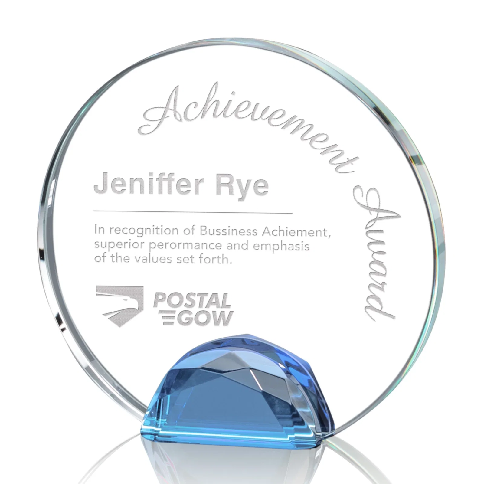 Custom Optical Crystal Round Award on Faceted Sky Blue Base, awards for sales achievement awards