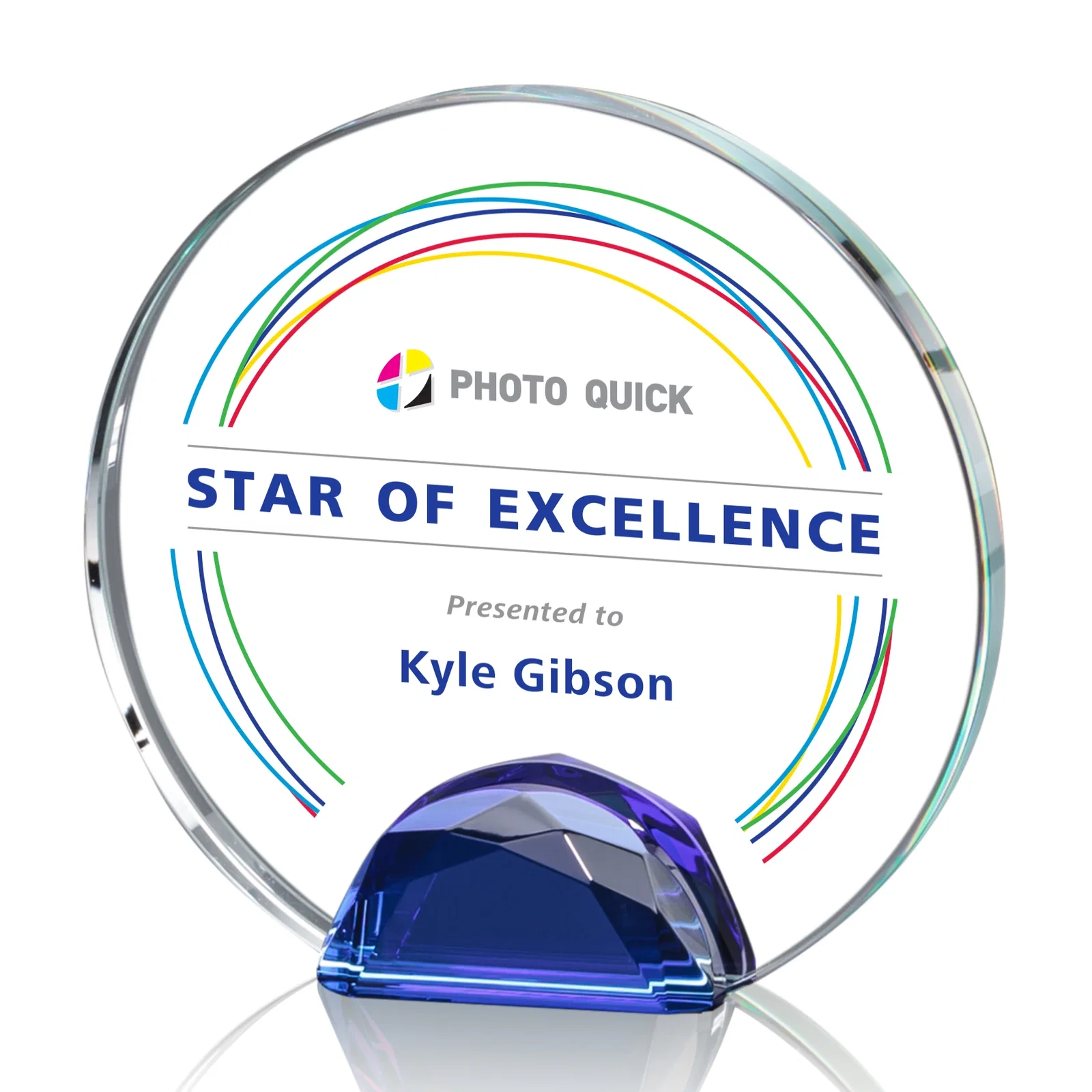 Branded Optical Crystal Round Award on Faceted Sky Blue Base, awards for sales achievement awards