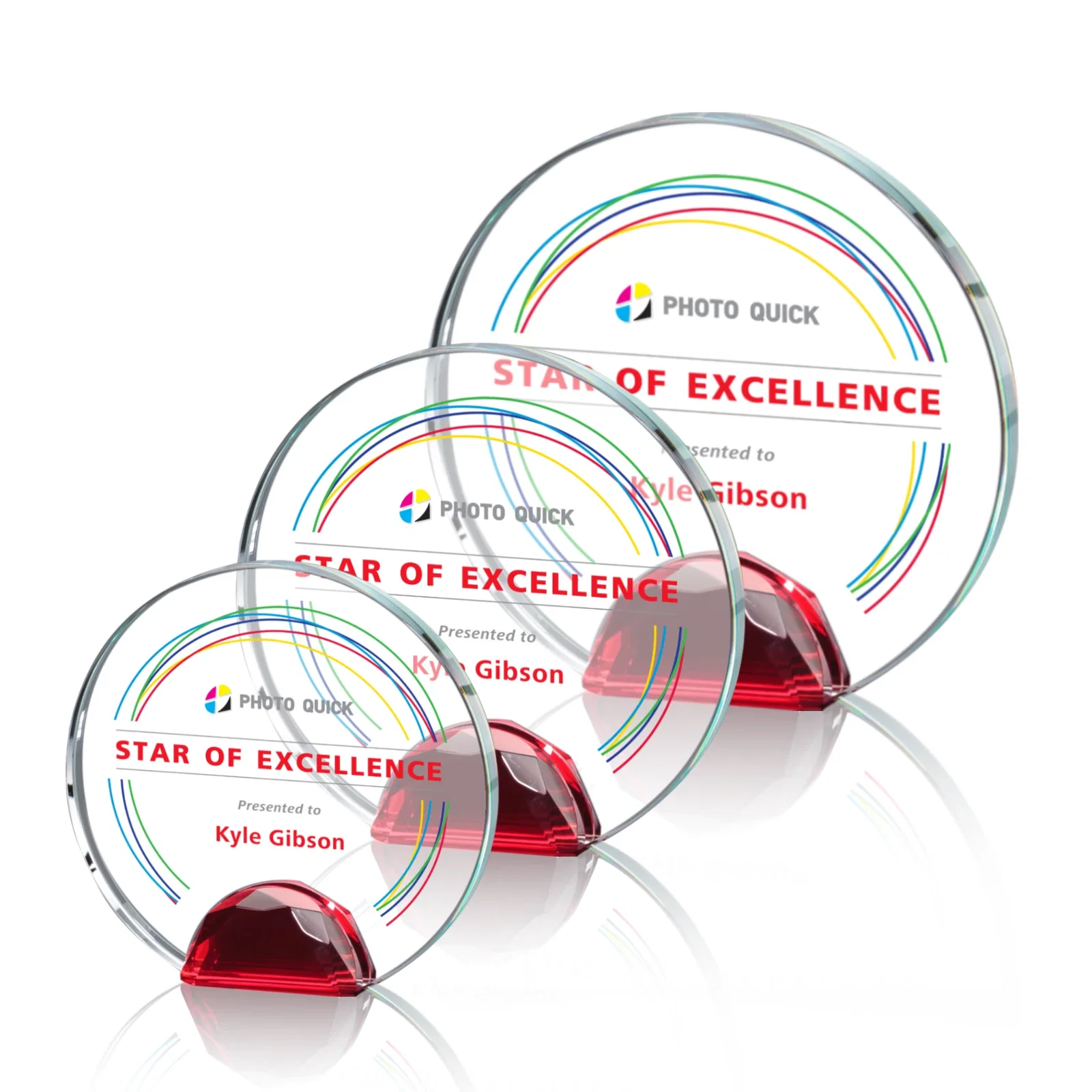 Branded Optical Crystal Round Award on Faceted Sky Blue Base, awards for retirement presentations