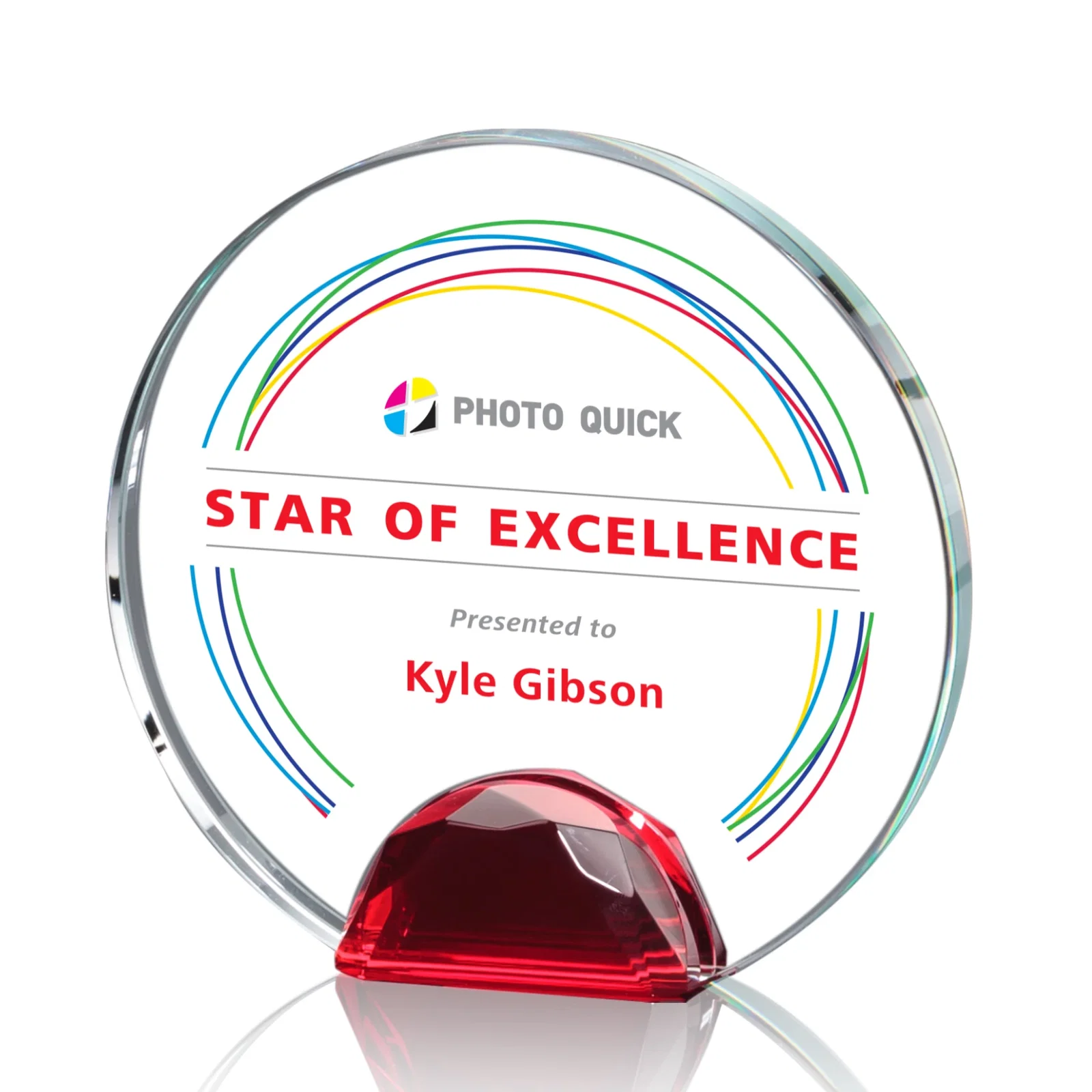 Branded Optical Crystal Round Award on Faceted Sky Blue Base, awards for team milestone celebrations