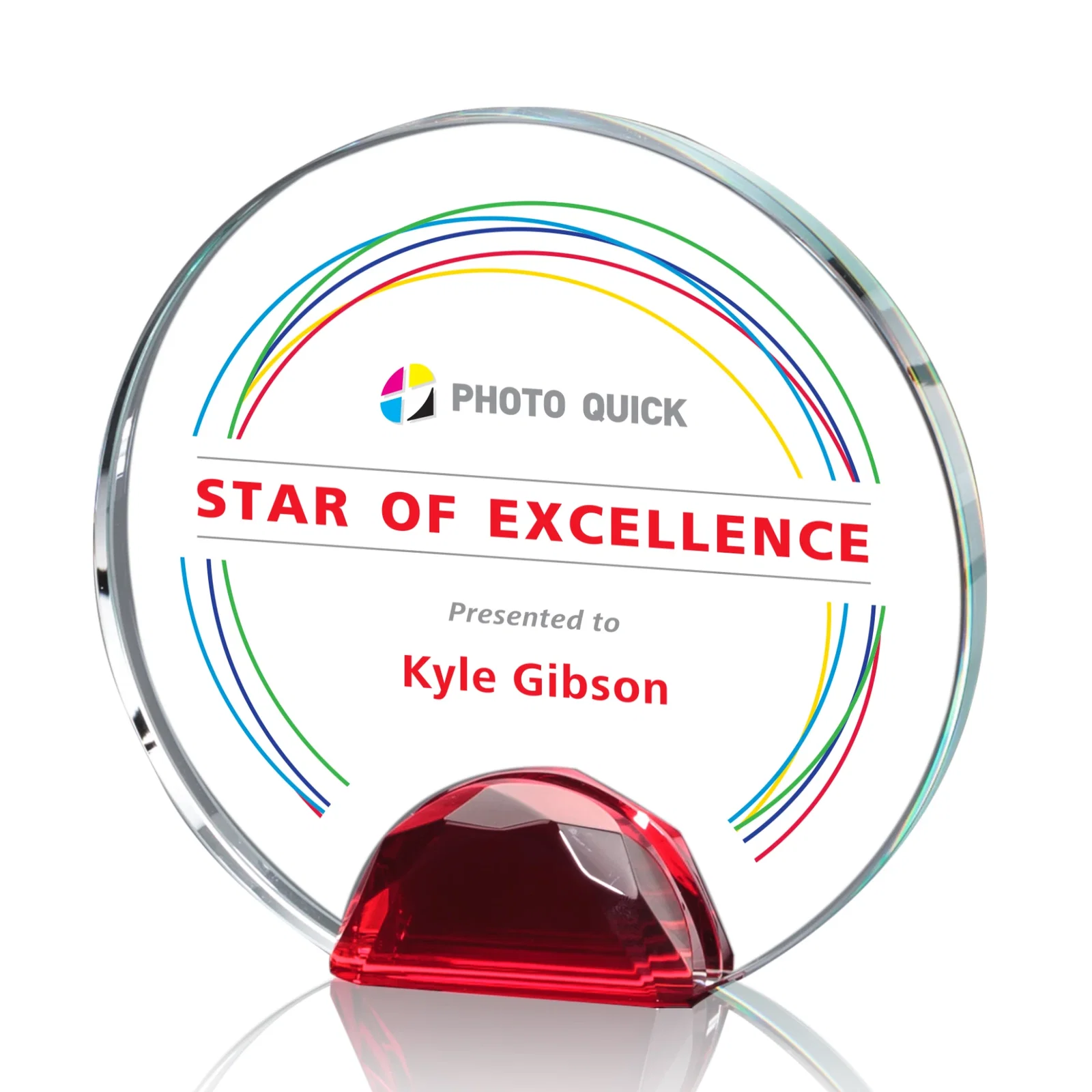Branded Optical Crystal Round Award on Faceted Sky Blue Base, awards for donor appreciation